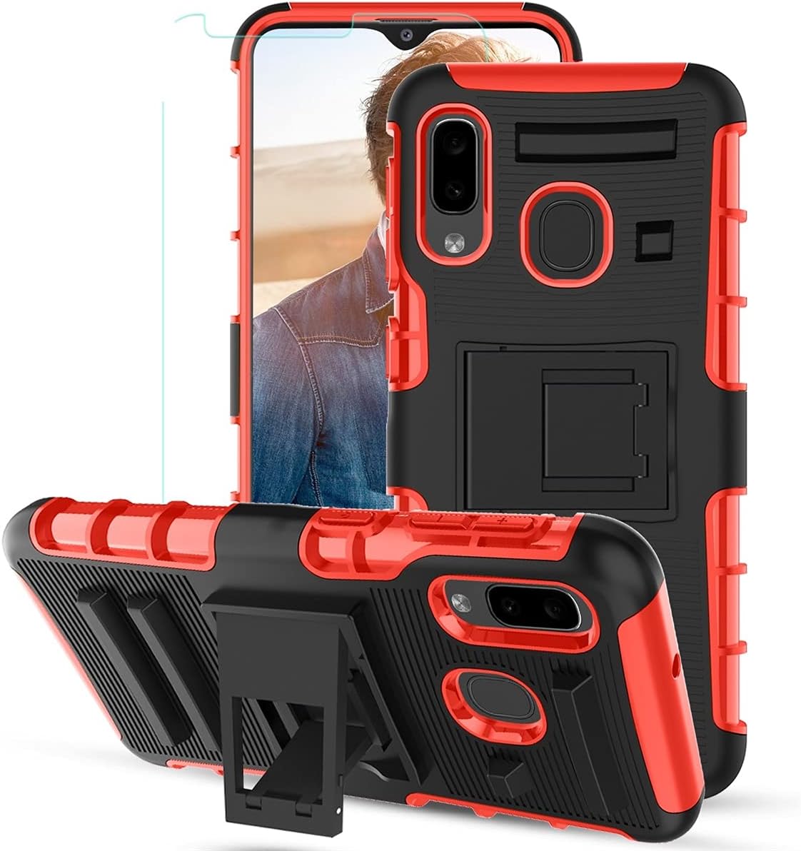 Aetech Phone Case for Samsung Galaxy A20 / Galaxy A30 with 2 PCS HD Screen Protector Kickstand Heavy Duty for Women Men Boys Girls (Red)