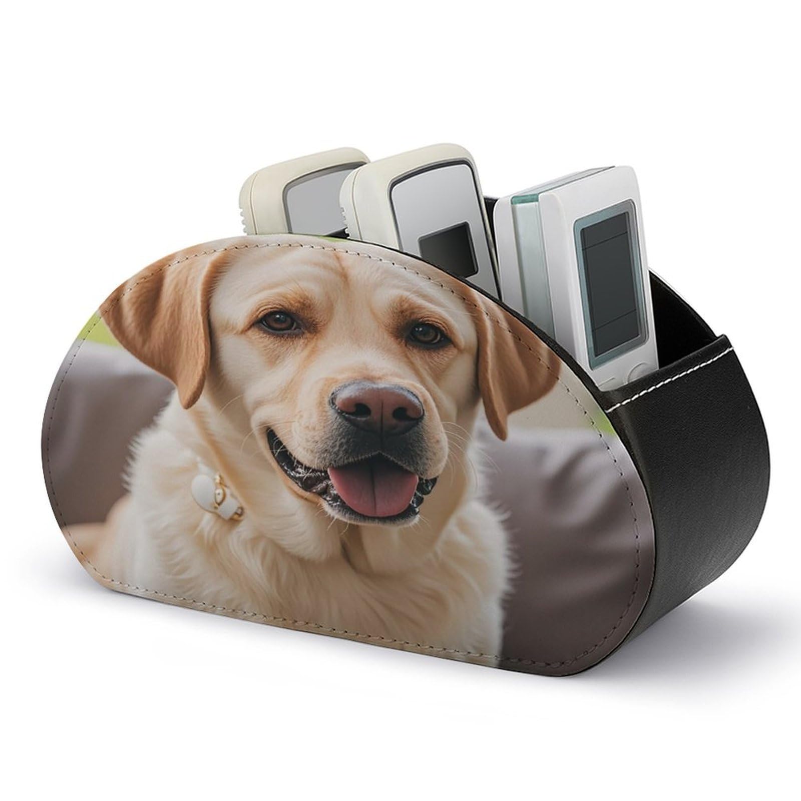 FekiLoot Cute Labrador Dog TV Remote Control Holder with 5 Compartments Multi-functional Leather Bedside Table Remote Caddy Desktop Storage Box for Store Pen Controller Media Player Cosmetic