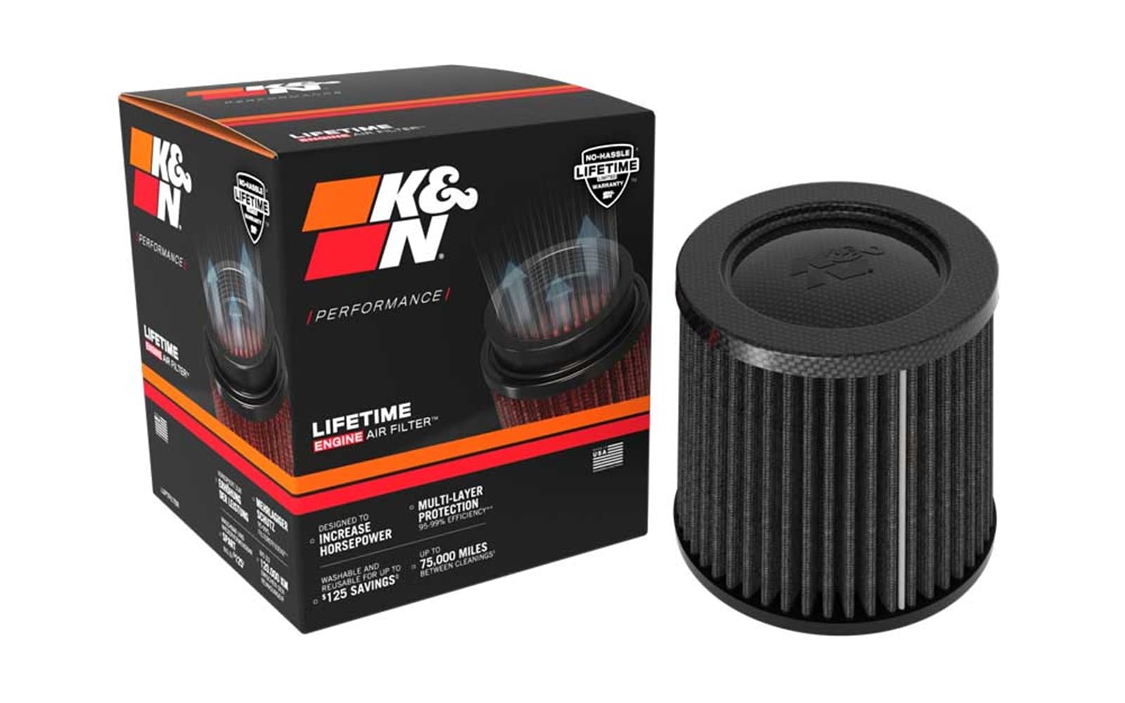 K&NBlack Universal Dryflow Conical Air Filter - Carbon Fiber Top - 70mm flange, 129mm base, 114mm top, 127mm height (RU-3137HBK)