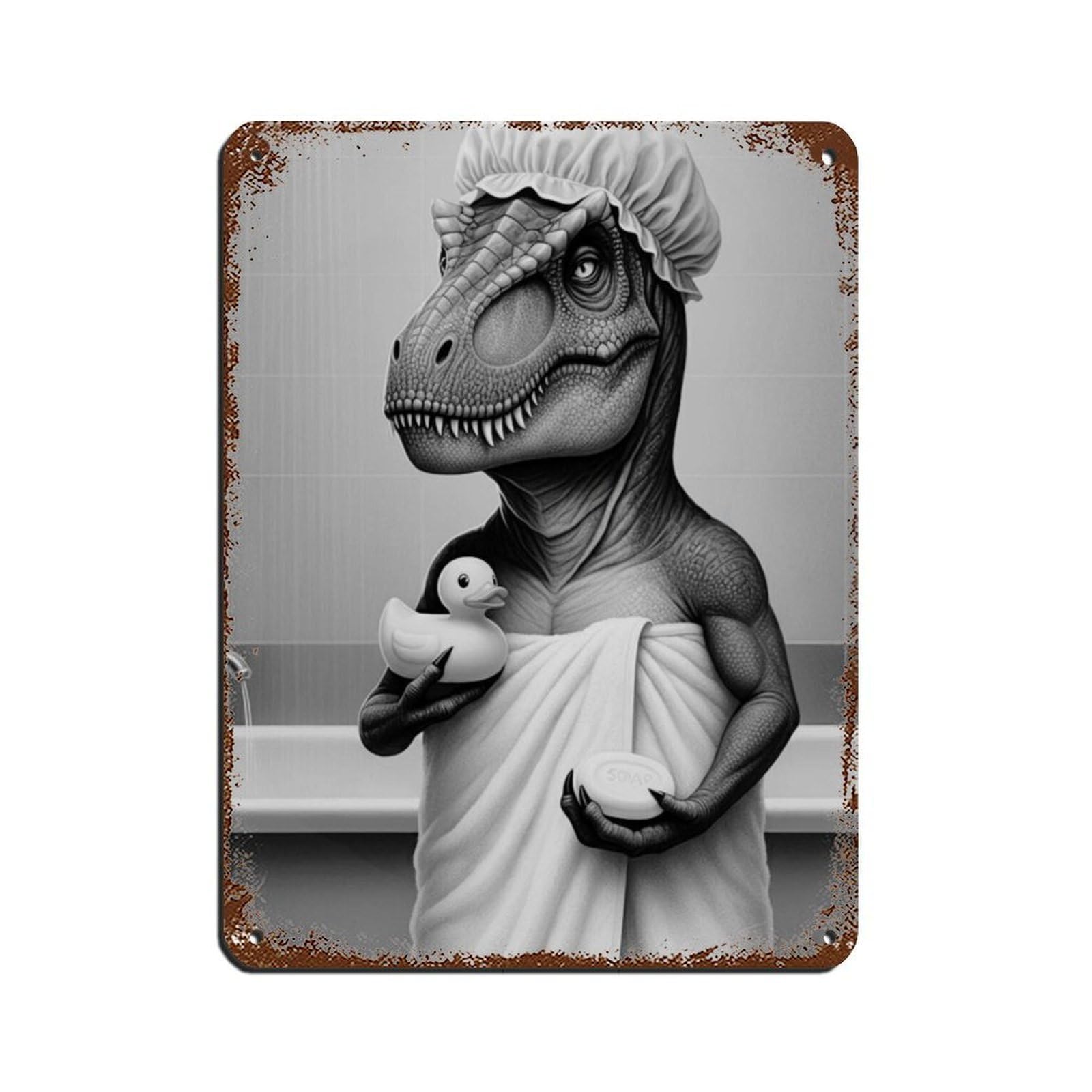 Dino in Towel with Rubber Duck And Soap Retro Poster Metal Tin Sign Chic Art Retro Iron Painting Bar People Cave Cafe Family Garage Poster Wall Decoration 12x16inch(30x40cm)