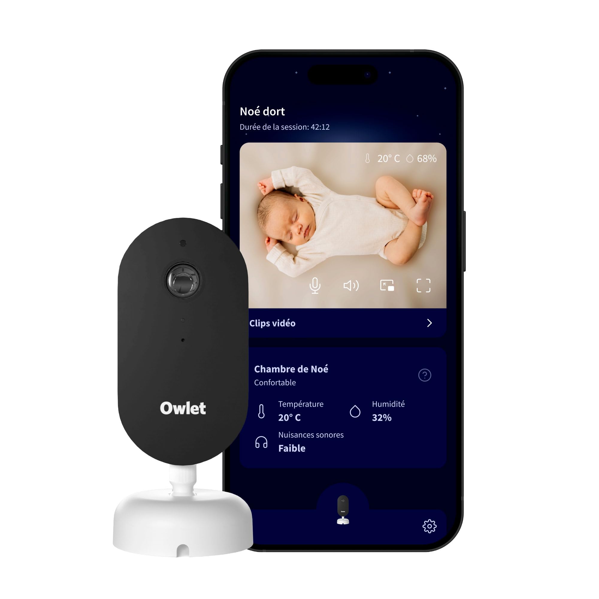 Owlet Dream Sight™ - Moniteur vidéo bébé Intelligent HD avec caméra, alertes Pleurs, mouvements et Sons, Suivi température & humidité