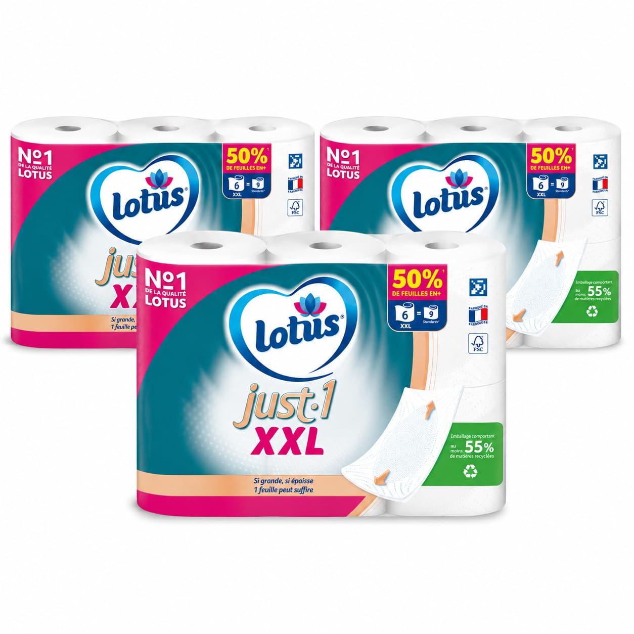 Lotus JUST 1 XXL - Papier toilette 5 épaisseurs - 6=9 rouleaux (blanc) - Lot de 3 - Offre Spéciale