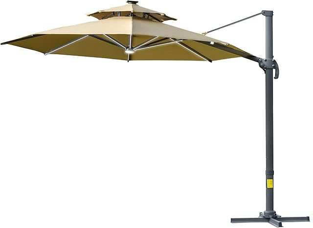 Outsunny 3(m) Cantilever Roma Parasol with LED Solar Lights, Crank & Tilt, Aluminium Frame, Cross Base and Adjustable Canopy 360° Rotating Sun Umbrella with 2-Tier Shade