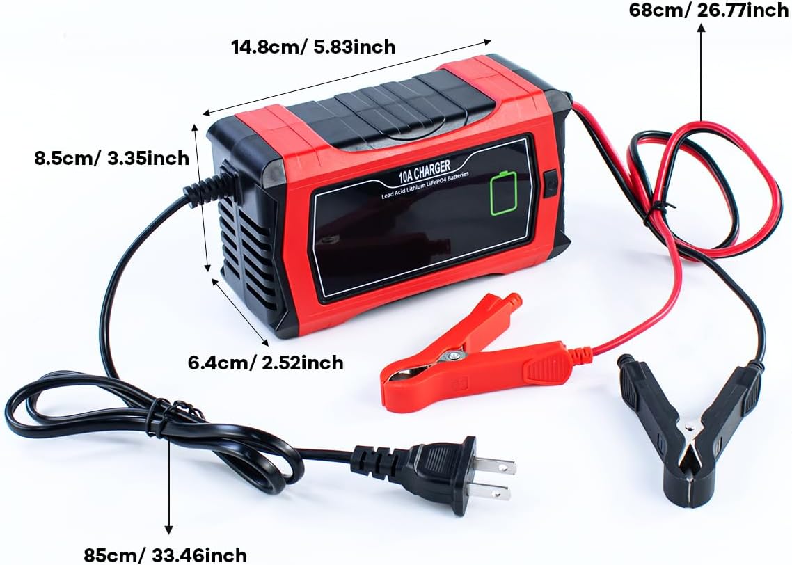 Hosyond Smart Battery Charger 10A 12V & 24V, Trickle Charger, Battery Maintainer and Desulfator, for Lithium,LiFePO4,Lead Acid (AGM/Gel/SLA..), for Car Motorcycle Lawn Mower