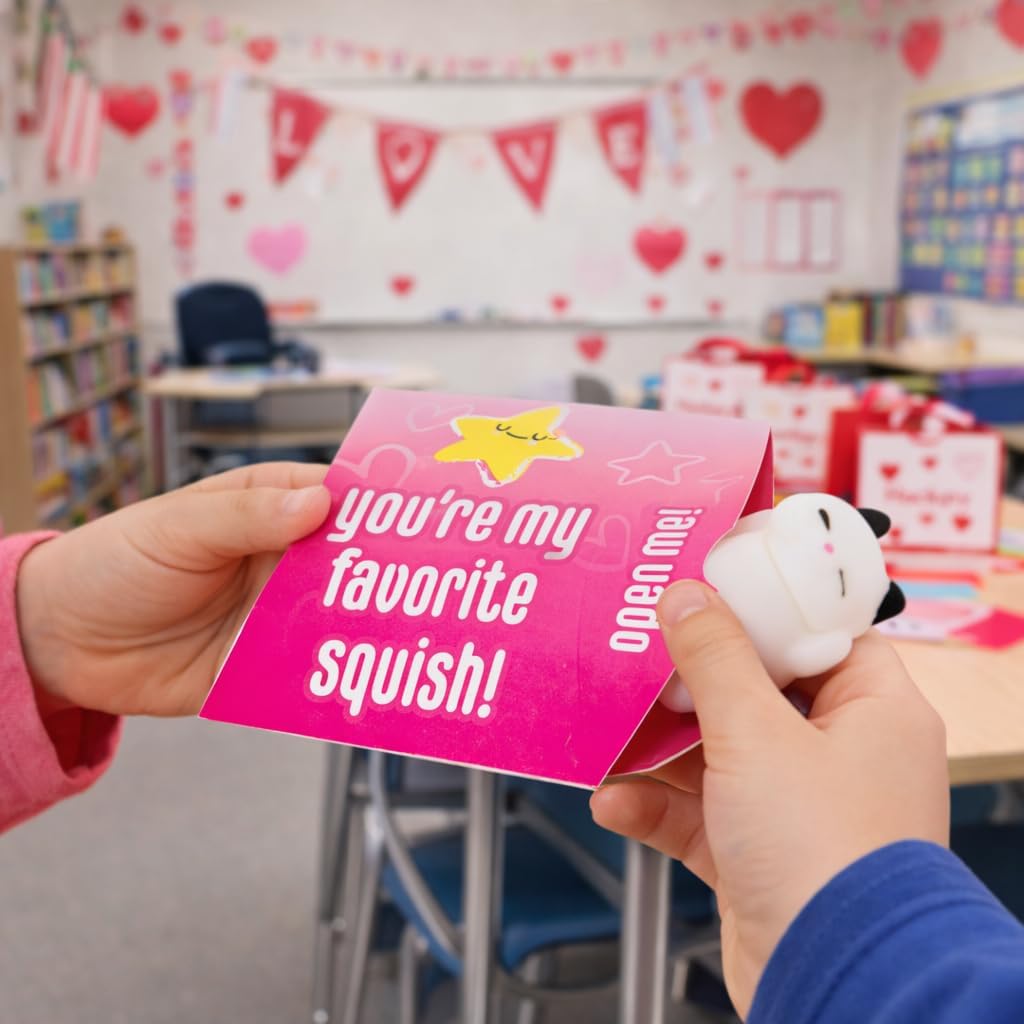 Valentines Day Gifts for Kids, Mochi Squishy Toys, 24 Pack - Valentine's Cards for Kids Classroom Exchange Prizes - Kawaii Stress Relief Fidget Toy Animals - Valentine Party Favor for Whole Class