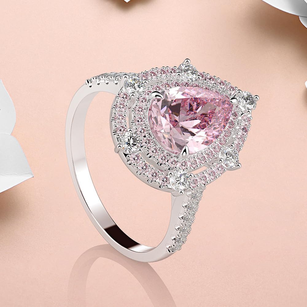 14K Solid Gold over S925 Pear-Shaped 1.5ct Pink Moissanite Promise Ring with Moissanite Halo, Romantic Engagement Ring, A Charming Gift for Her