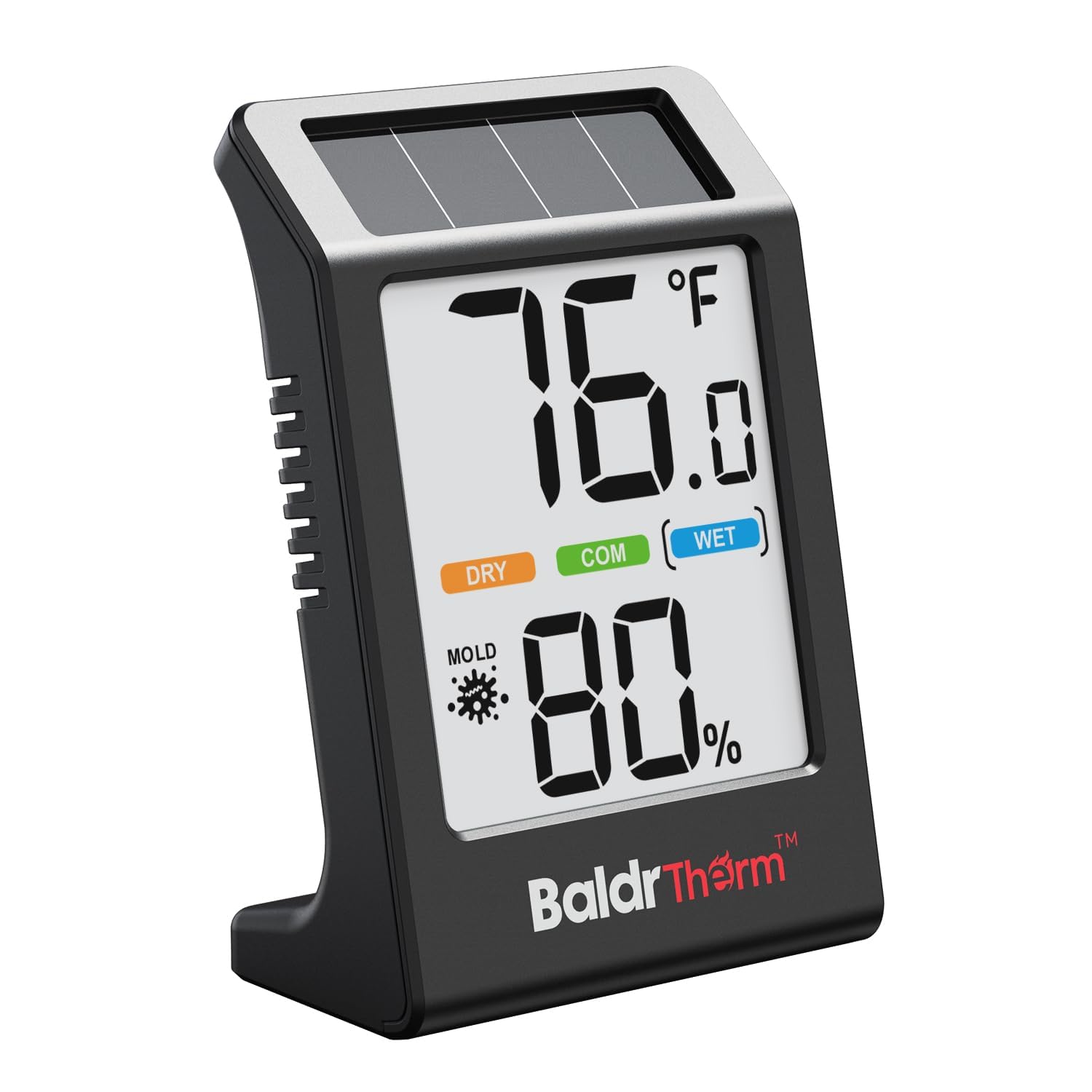 BaldrTherm Room Thermometer Indoor Humidity Meter, Solar-Powered 3.2'' Large Digital Temperature Sensor Monitor with Max/Min Reading (Black 1P)