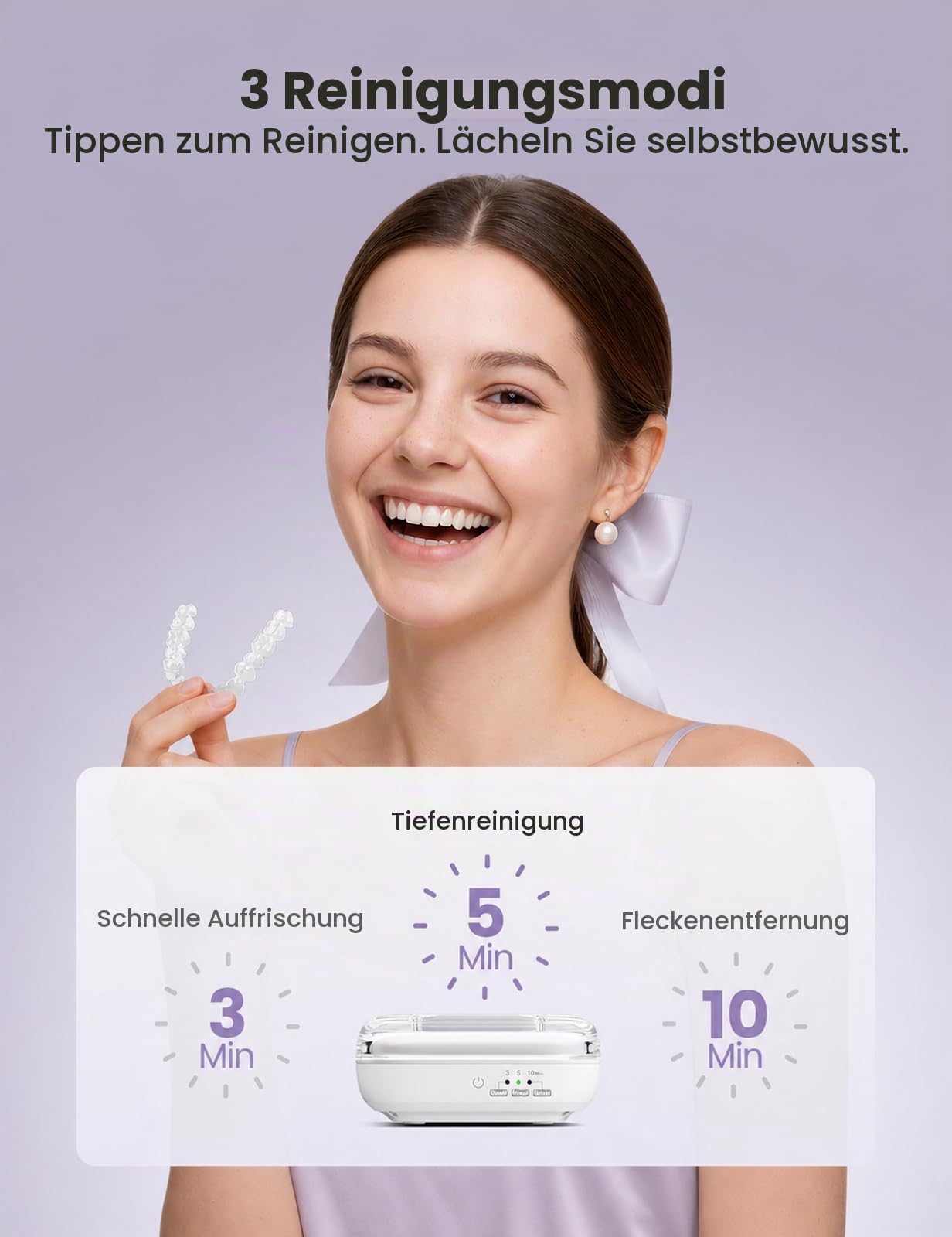 Vaydeer Ultraschall-Reinigungsgerät, 48 kHz, Weiß | 3 Reinigungsmodi, UV-Funktion, für Retainer, Zahnschienen, Prothesen und Schmuck