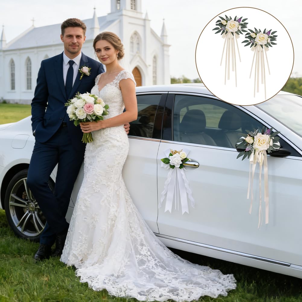 Zestaw do dekoracji samochodu ślubnego, 2 szt. białe róże sztuczne w bukiecie z przyssawkami, białe dekoracje na lusterko samochodowe, idealne na wesele, Walentynki, niespodziankę