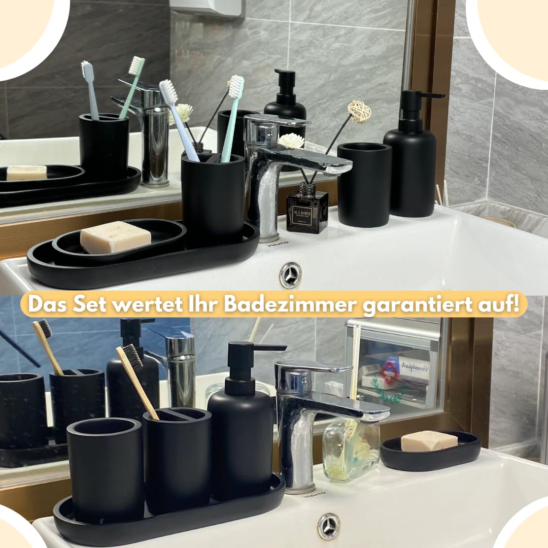 Badezimmer Set 5-teilig | Badezimmer Organizer | Bad Accessoires | Seifenspender Set aus Harz | Zahnputzbecher | Seifenhalter | Becher | Schale | Schwarz