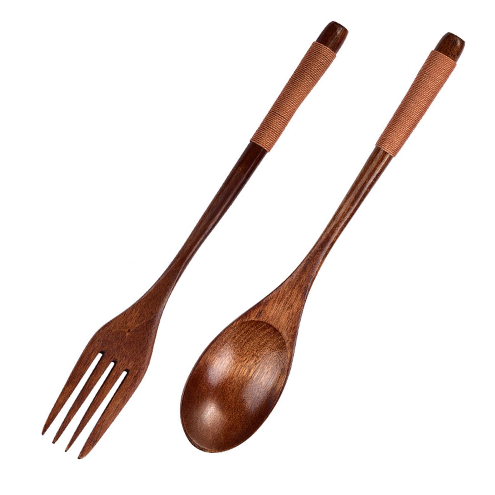 Uqezagpa Japanese Styles Long Handle Wooden Spoon and Fork Kitchenwares Set Portable Sturdy Utensils for Soup Serving Cooking Tool Japanese Long Handle Wooden Spoon Fork Set