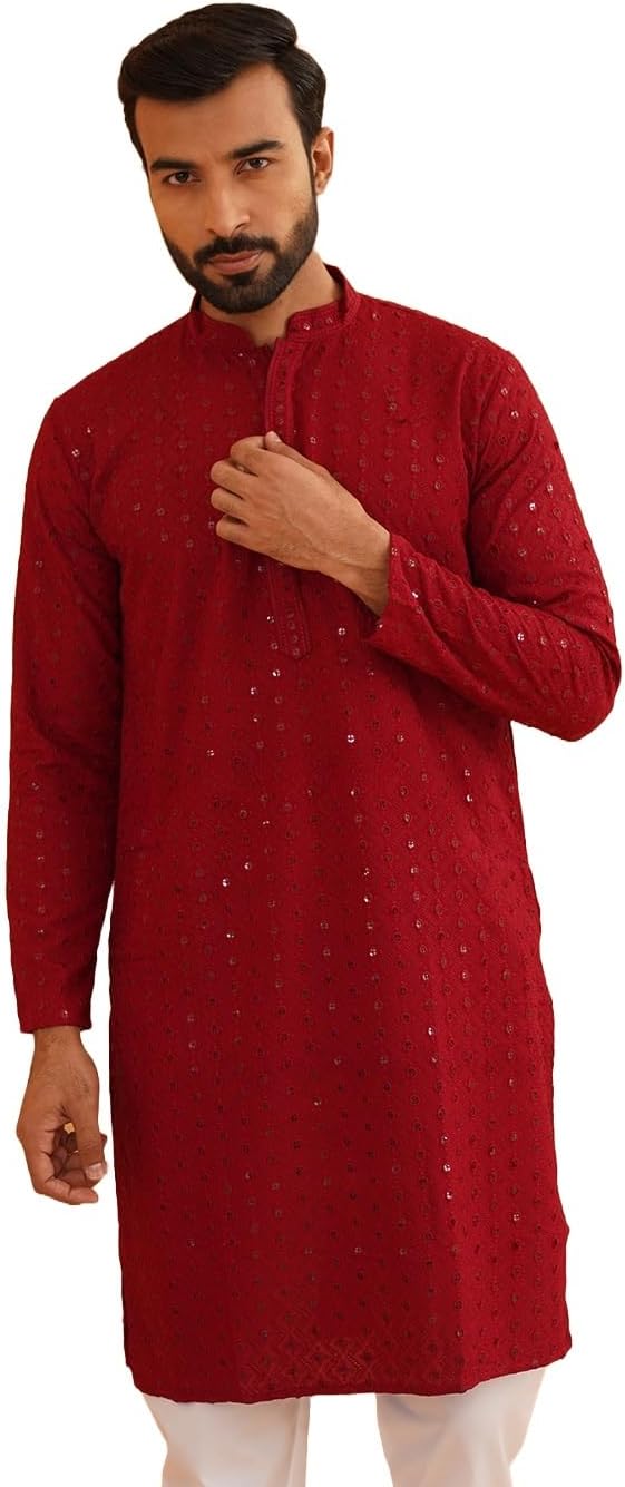 Sojanya (Since 1958 Men'S Ethnic Motifs Embroidered Sequinned Cotton Long Kurta