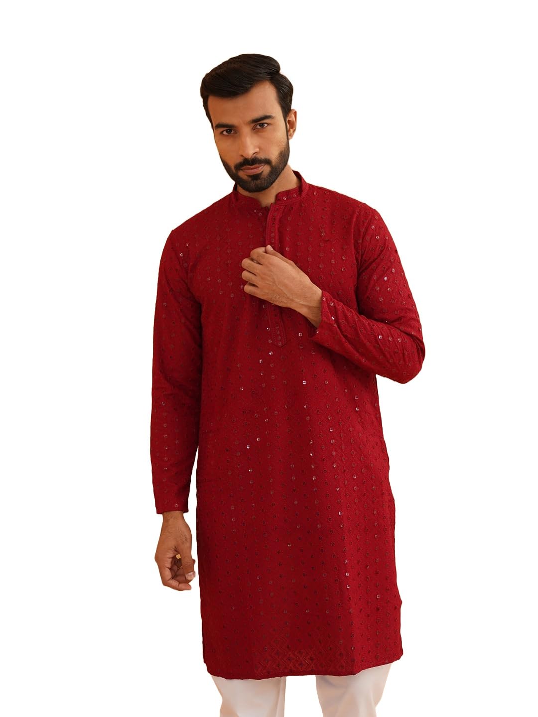 Sojanya (Since 1958 Men's Ethnic Motifs Embroidered Sequinned Maroon Cotton Long Kurta
