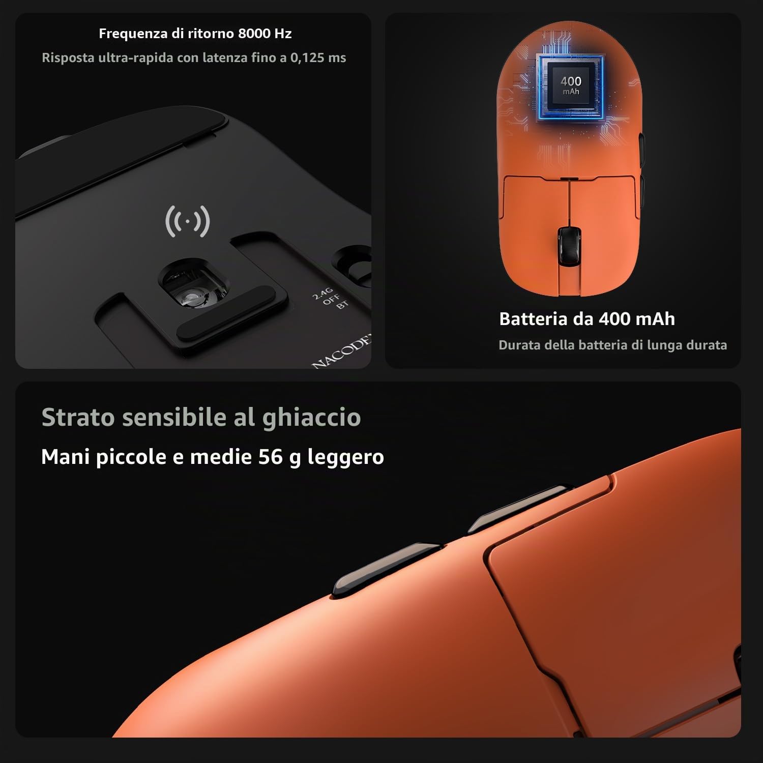 AJAZZ AJ159 APEX Wireless Gaming Mouse with RGB Magnetic Charging Base, Lightweight 56 Gram Design, 2.4G/USB-C/BT, 400 mAh Battery, 42K DPI, 8000Hz Response Rate, Compatible with PC and Mac, Orange