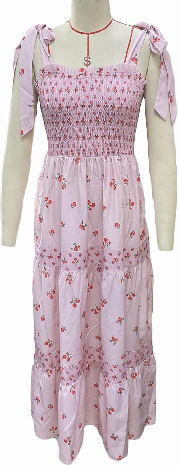 Women Boho Tie Shoulder Floral Maxi Dress Sleeveless Smocked Flowy Long Dress Summer Beach Vacation Swing Sun Dress - Image 6