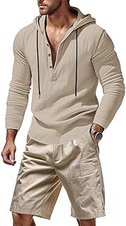 Conjunto de lino de color liso para hombre, 2 piezas, para vacaciones, hawaiano, de dos piezas, transpirable, de manga larga, con 4 botones, cintura elástica, pantalones cortos con bolsillos