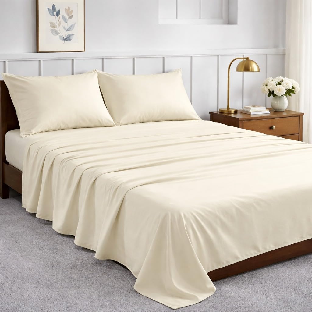 6-Piece Queen Bed Sheet Set - Cream - Soft Wrinkle-Free Microfiber Deep Pocket Fitted Sheet Hypoallergenic Breathable Cooling