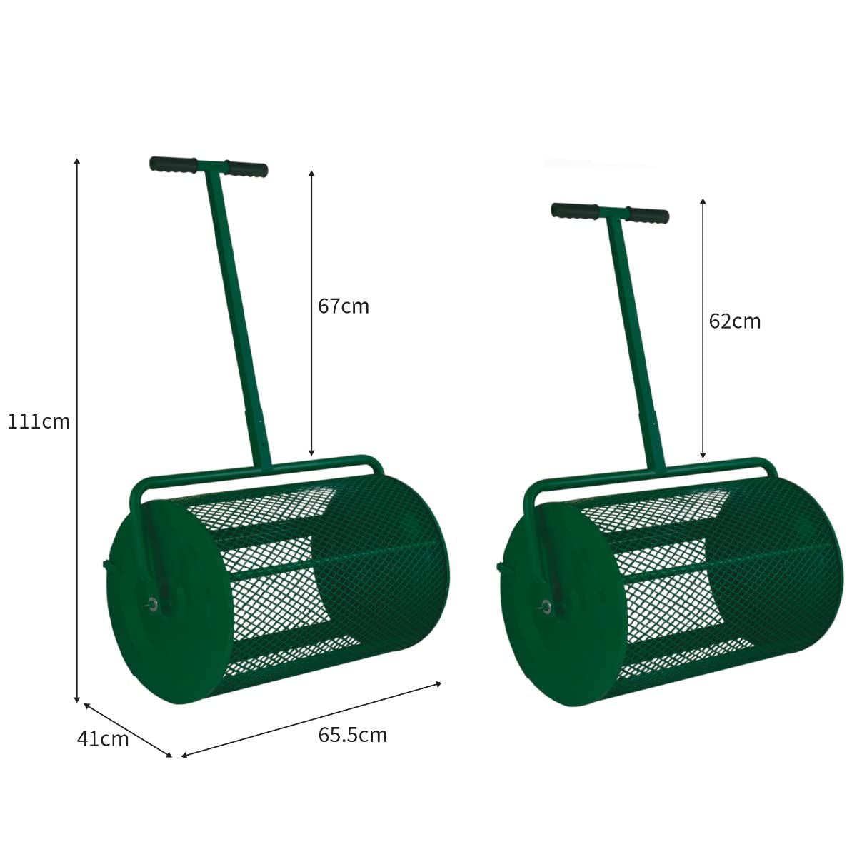 Wałek do rozsiewania kompostu 66 cm torf mech nawóz nawóz nawóz ogrodowy trawnik wysuwany uchwyt w kształcie litery T 80 l pojemność 2,8 cu ft zielony stalowy kosz siatkowy zatrzaskowa klatka lekkie