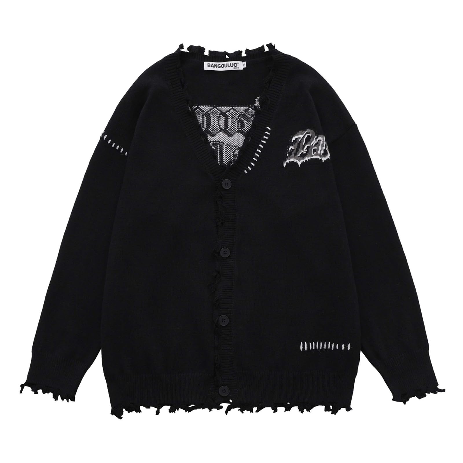 Pull déchiré homme noir en coupe ample et col rond - 5