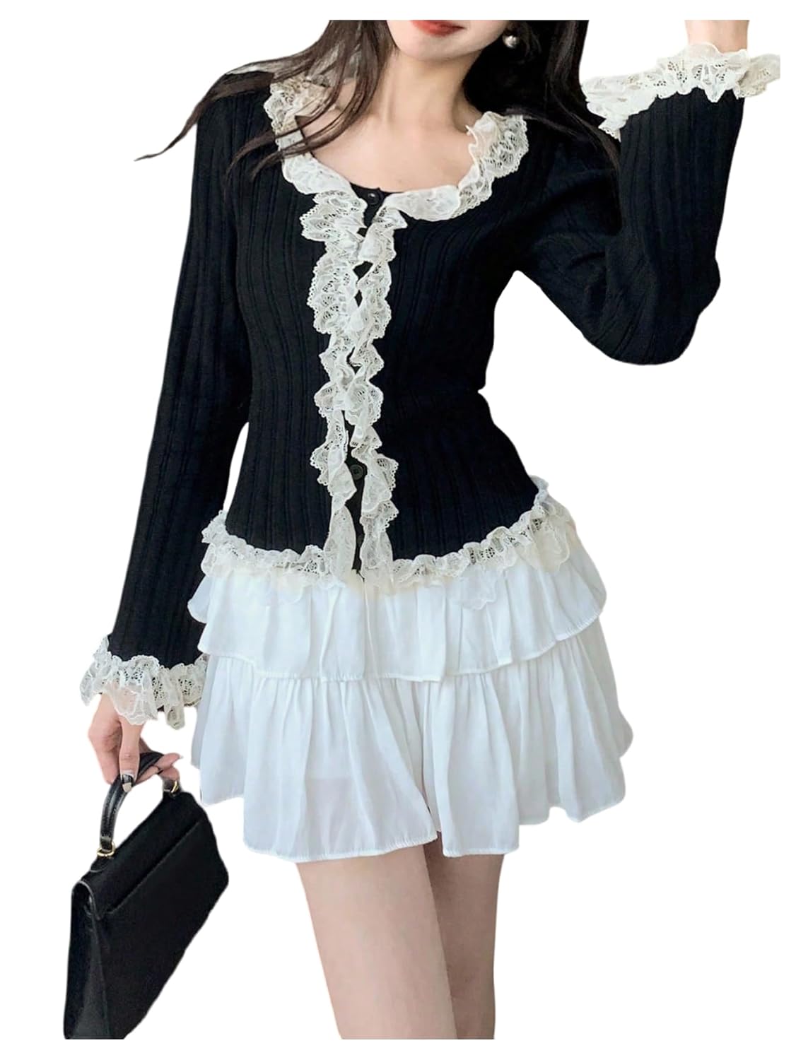 MakeMeChic Womens Ribbed Knit Cardigan with Square Neck Top Lace Trim Long Sleeve Cardigan Slim Sweater