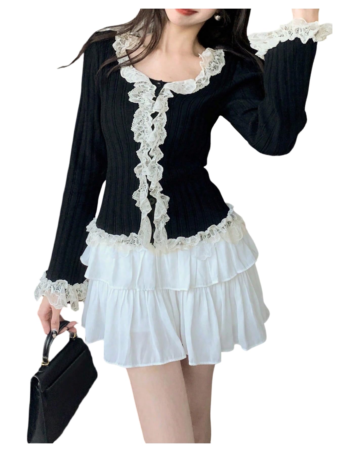 MakeMeChic Womens Ribbed Knit Cardigan with Square Neck Top Lace Trim Long Sleeve Cardigan Slim Sweater