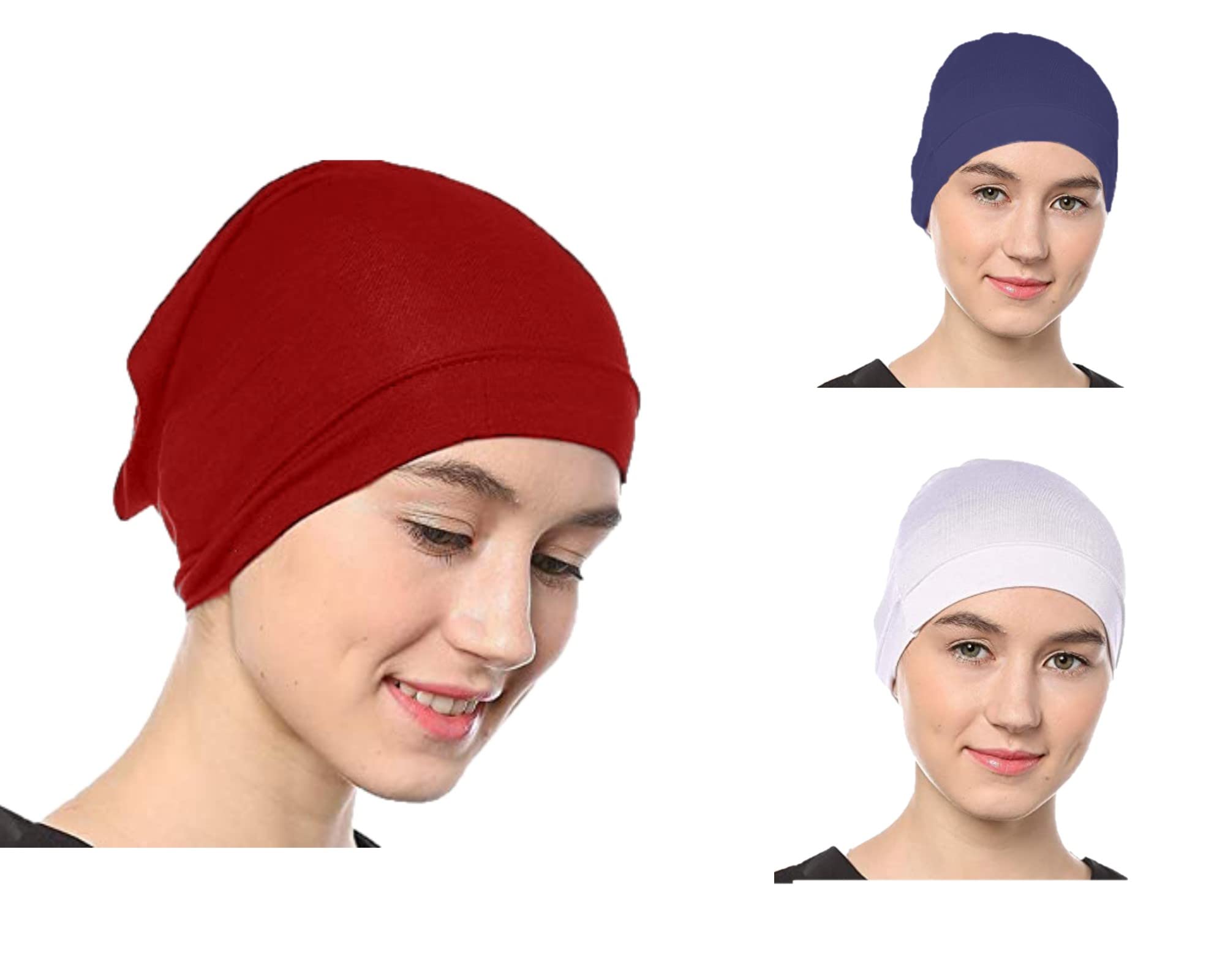 Women's Tube Hijab Bonnet Cap Under Scarf Pullover Combo 3 Piece (Maroon White & Navy Blue)-image-47