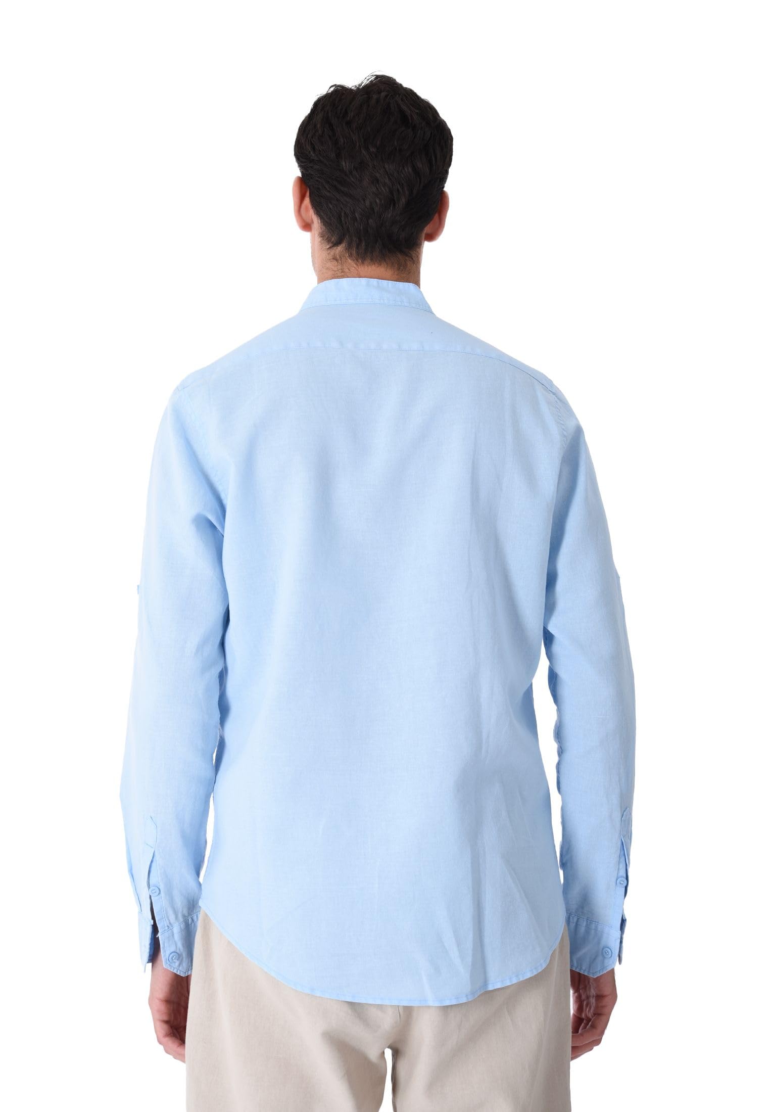 Camisa de hombre 100% lino cuello coreano blanco azul beige celeste negro rosa verde manga larga verano Slim Fit Serafino Sartorial Mangas revolables azul celeste M