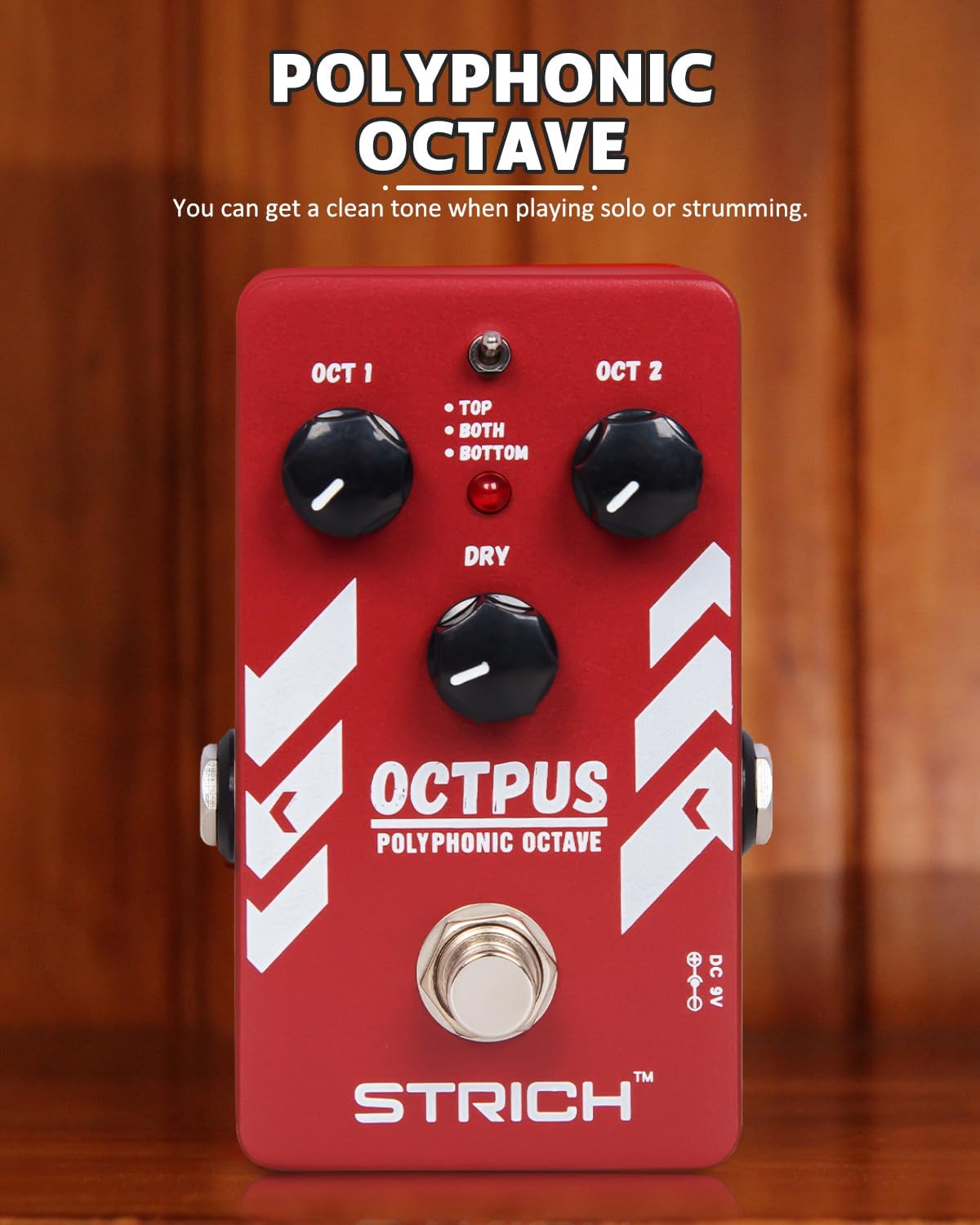 Strana view of the STRICH Octave Pedal showing input, output, and power jacks