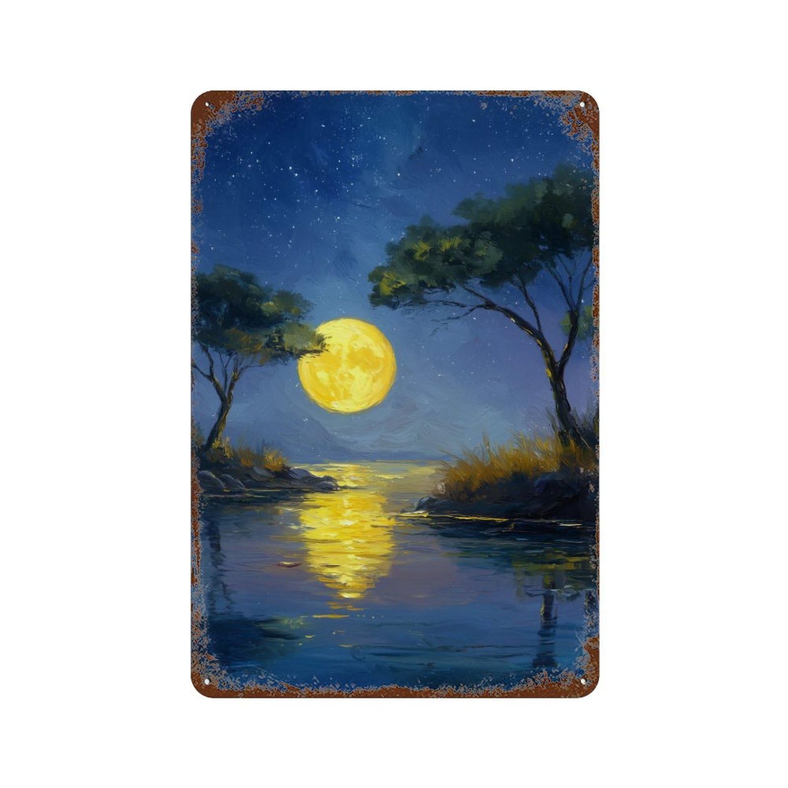Full Moon Reflections -1 11.8"x7.9" Distressed Metal Wall Sign, Retro Wall Decor for Garage, Bar And Workshop Decor