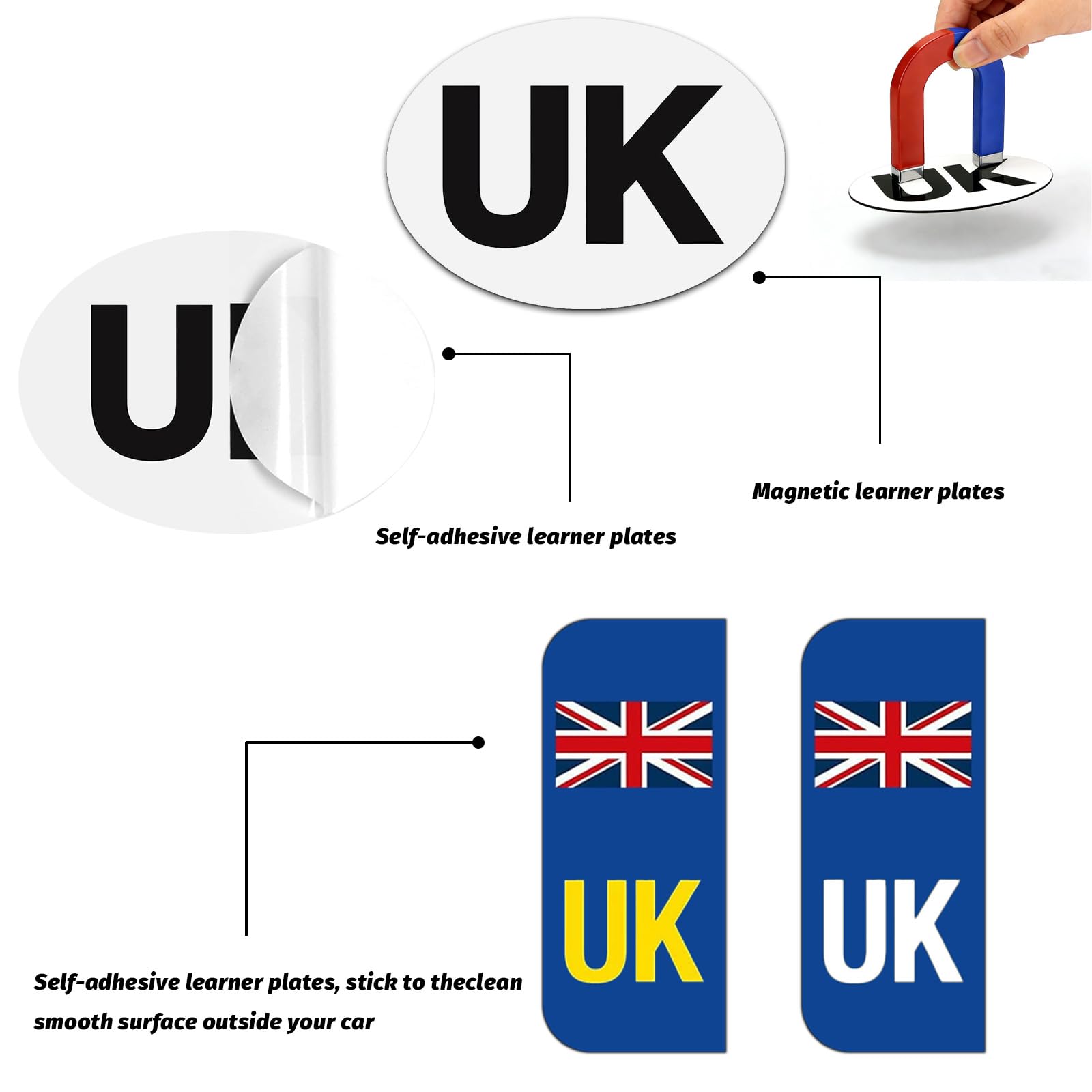 UK Stickers for Car Europe - 4 Pcs Hybrid Set with 1x Magnetic & 1x Self-Adhesive UK Oval Identifier (180x133mm), 2x Reflective Number Plate Stickers (White & Yellow) for Post-Brexit EU Travel — view 3