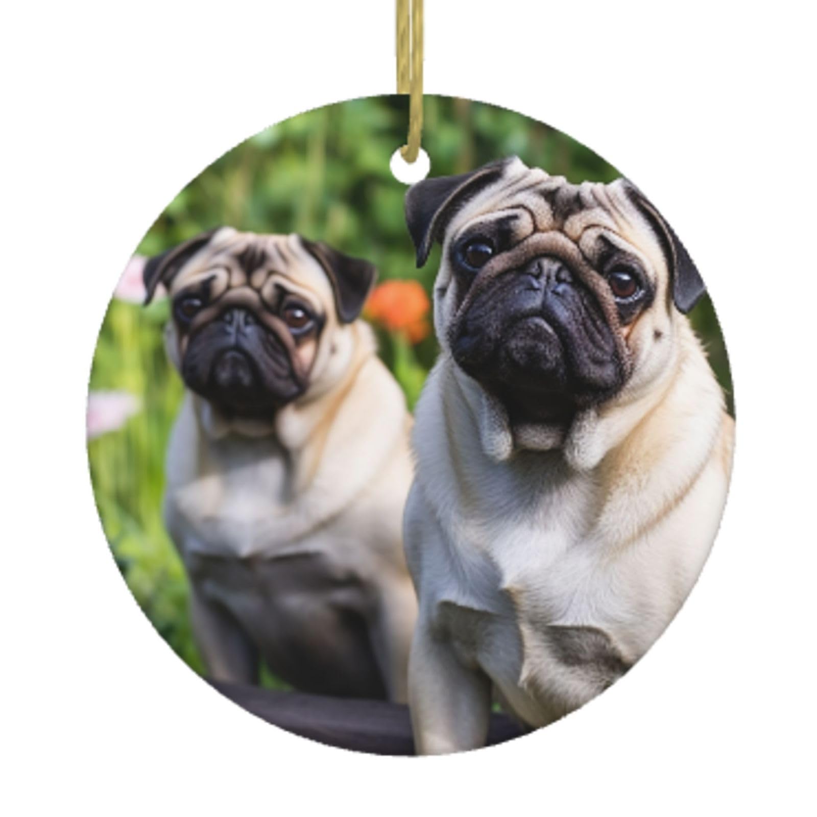 Ceramic Christmas Tree Hanging Ornaments with Gold Ropes Christmas Tree Decorations Round Ceramic Pugs in The Garden Pendant Keepsake Decorations for Holiday Xmas Gift Ideas