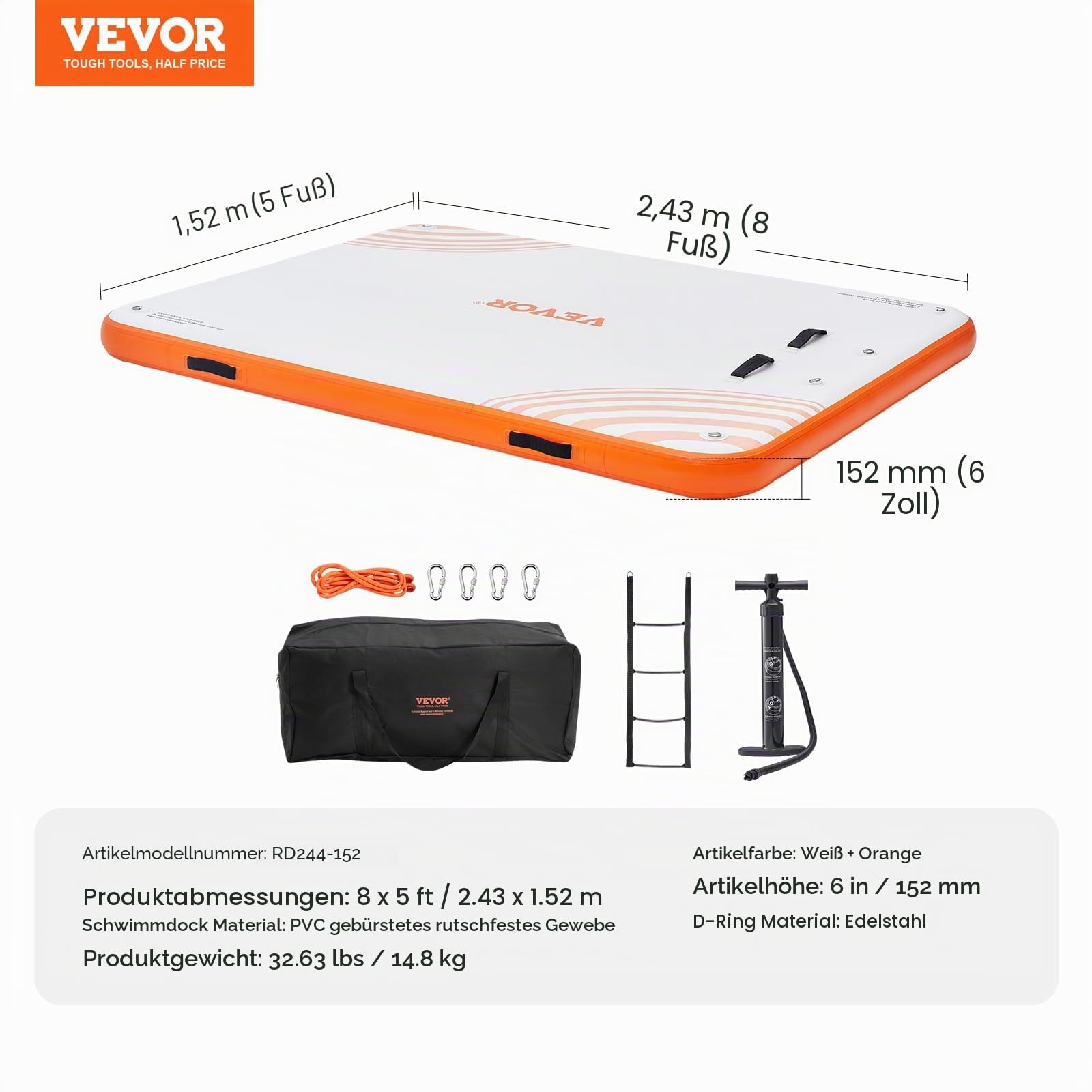 VEVOR Aufblasbares schwimmendes Dock, aufblasbare Dock-Plattform, rutschfeste Wasser-Schwimm-Dock-Matte mit Abnehmbarer Leiter und tragbarer Tragetasche, schwimmende Plattform, Inselfloß für Ozean,