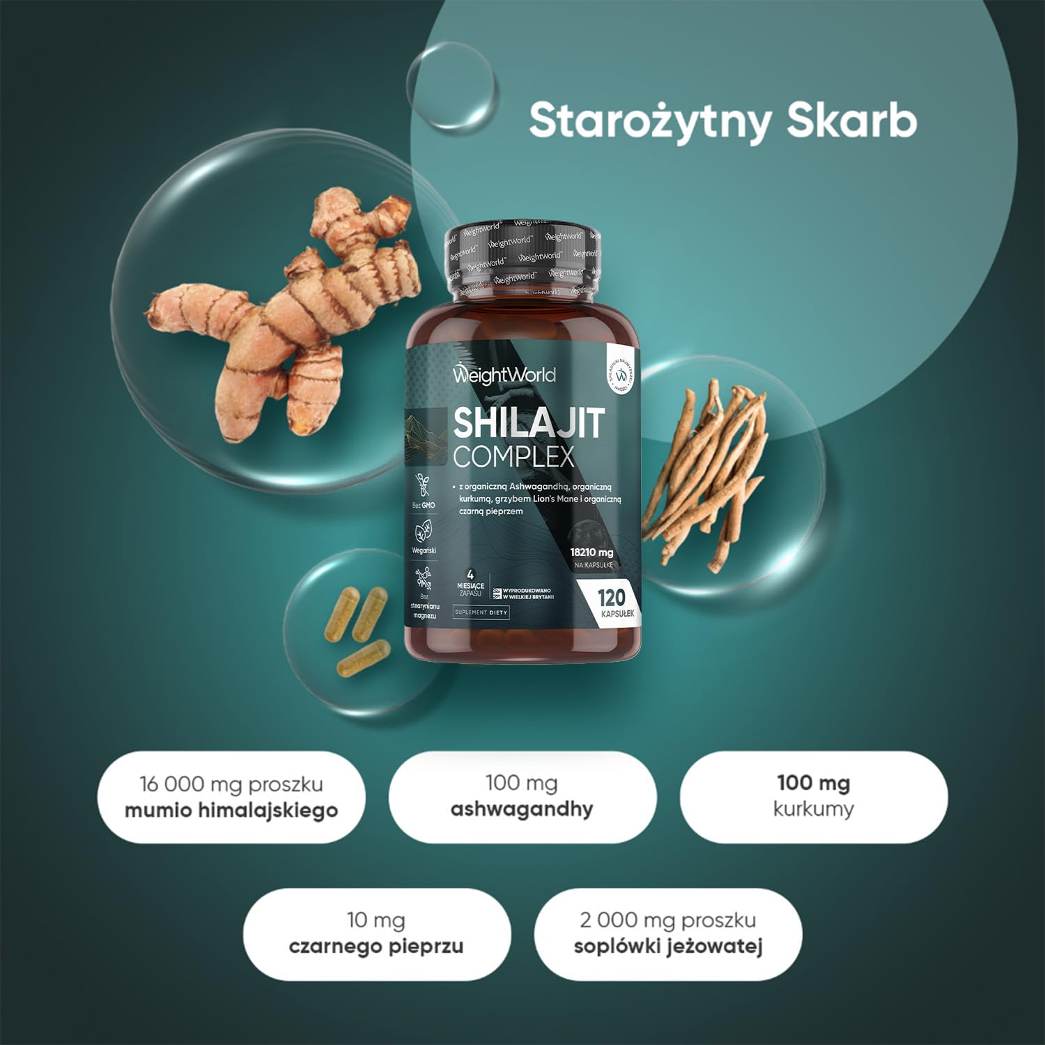 Shilajit (Mumio) Complex 18210 mg, 120 Kapsułek, z Ashwagandhą, Soplówką Jeżowatą i Kurkumą – 16000 mg Shilajit w proszku na kapsułkę – Zapas na 4 Miesiące – Odpowiedni dla Wegan, bez GMO