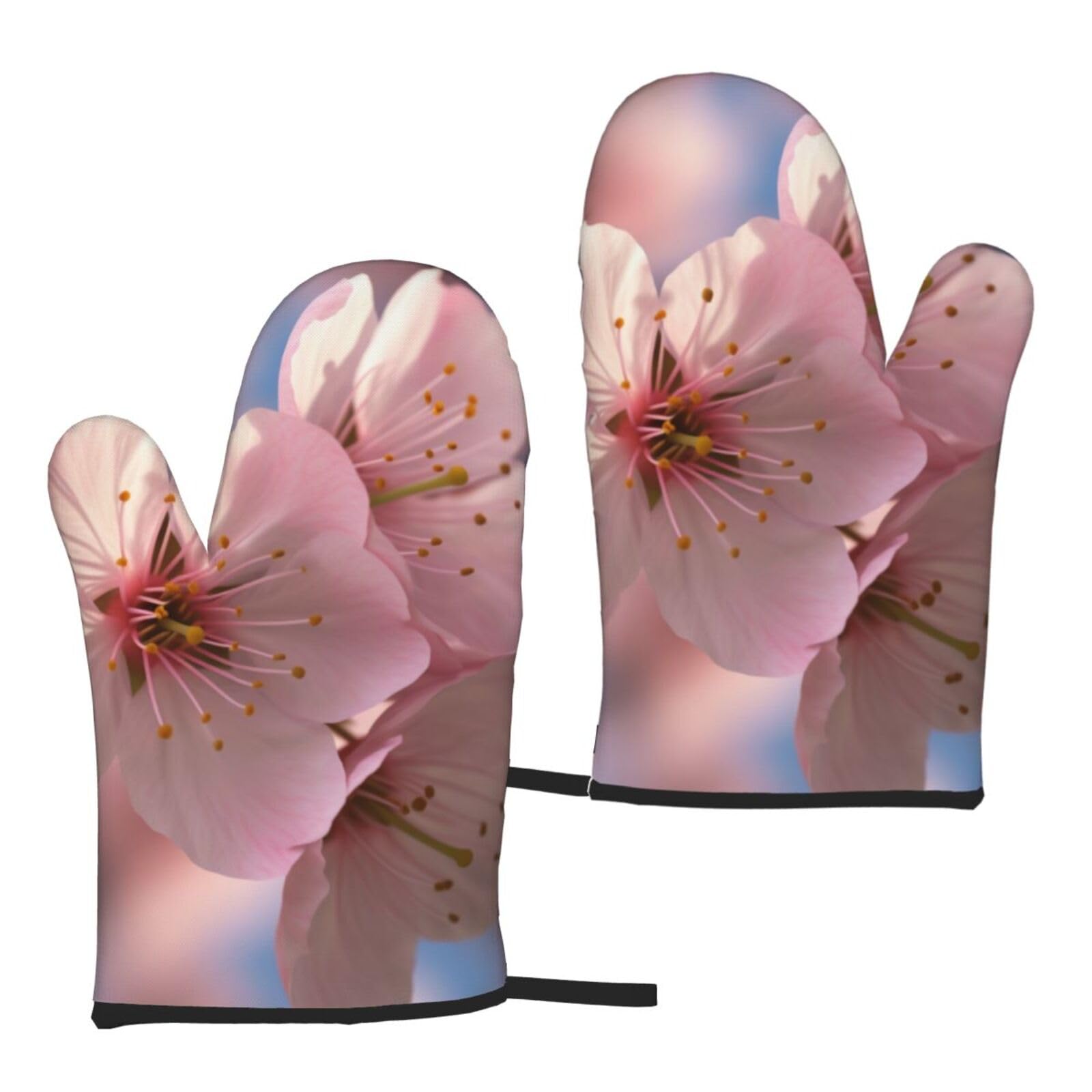 Cherry Blossoms Printed Oven Mitts Sets 2 PCS Heat Resistant and Non-Slip Glove Potholder for Kitchen Cooking Baking Grilling