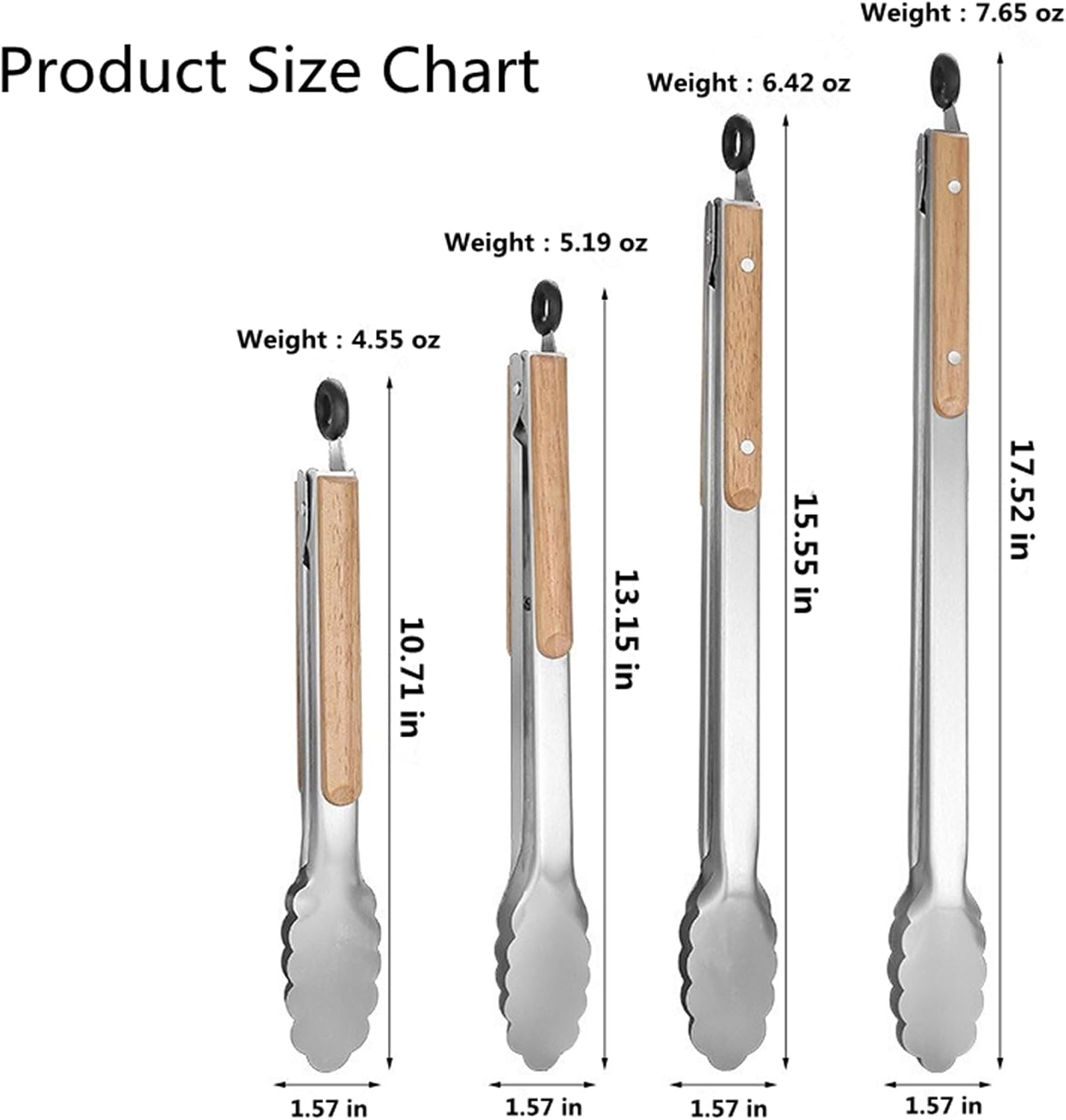 Stainless Steel Food Tongs with Wood Handle, Heat Resistant Rust Proof Grill Tongs, Multi Purpose BBQ Tongs for Cooking Baking (10.71 in*4)