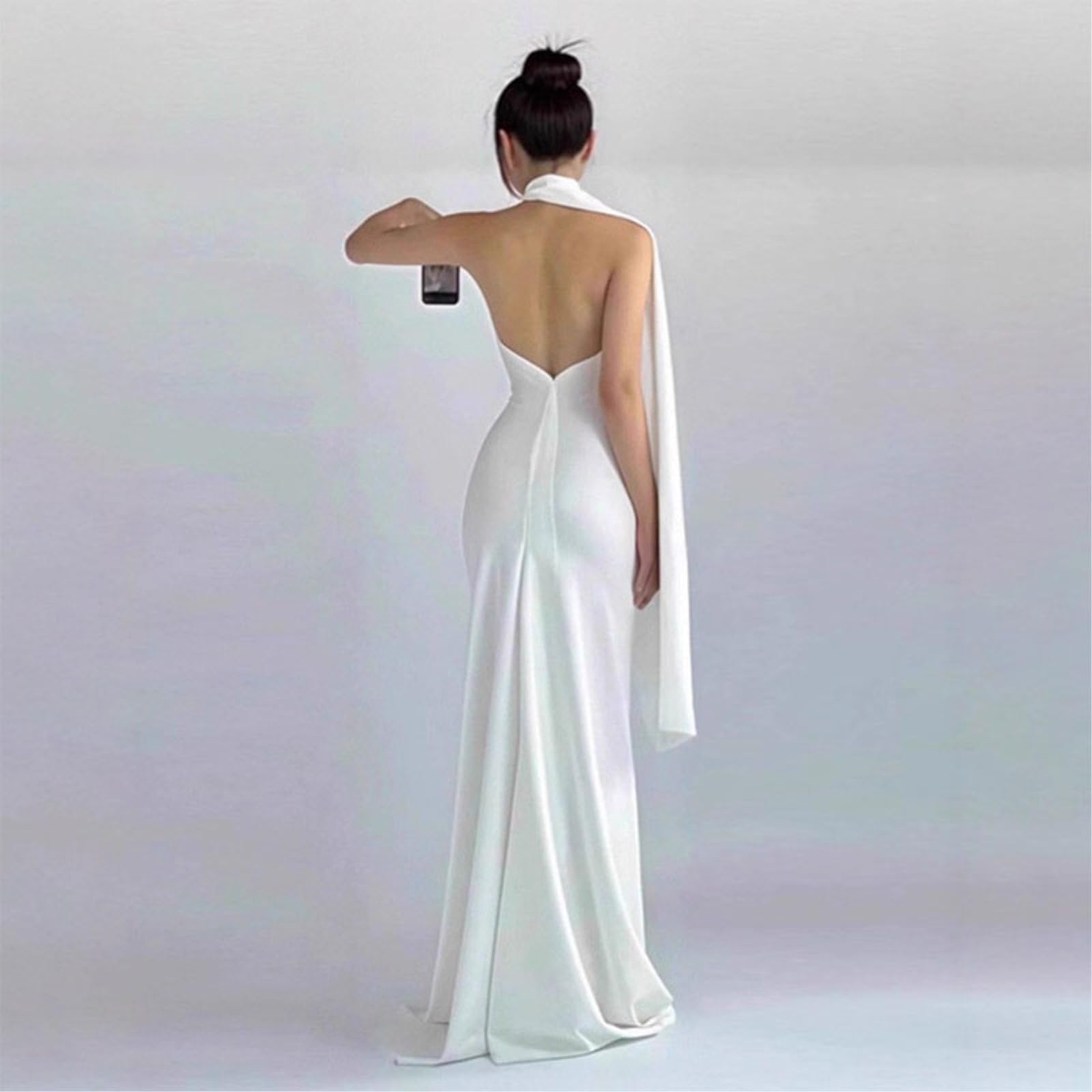 Abito Donna Halter Raso Maxi Nastro Drape Sirena da Sera, Liscio Opaco per Il Matrimonio-White-m