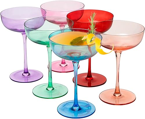 Copas cupé de colores – Martini, copas de cóctel y champán de 7 onzas | Juego de 6 | Linda y colorida cristalería de cristal de color pastel,
