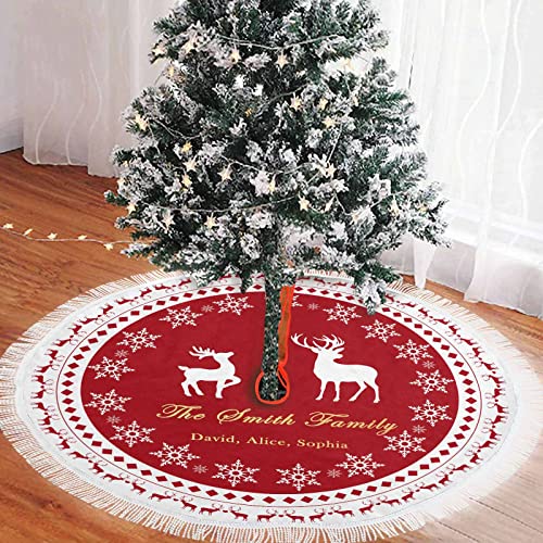 36 Inch Personalized Christmas Tree Skirt for Merry Christmas DIY Party New Year Festive Holiday Décor, Custom Elk Xmas Tree Skirt, Custom Photo/Text Red Tree Foot Decorations Cover