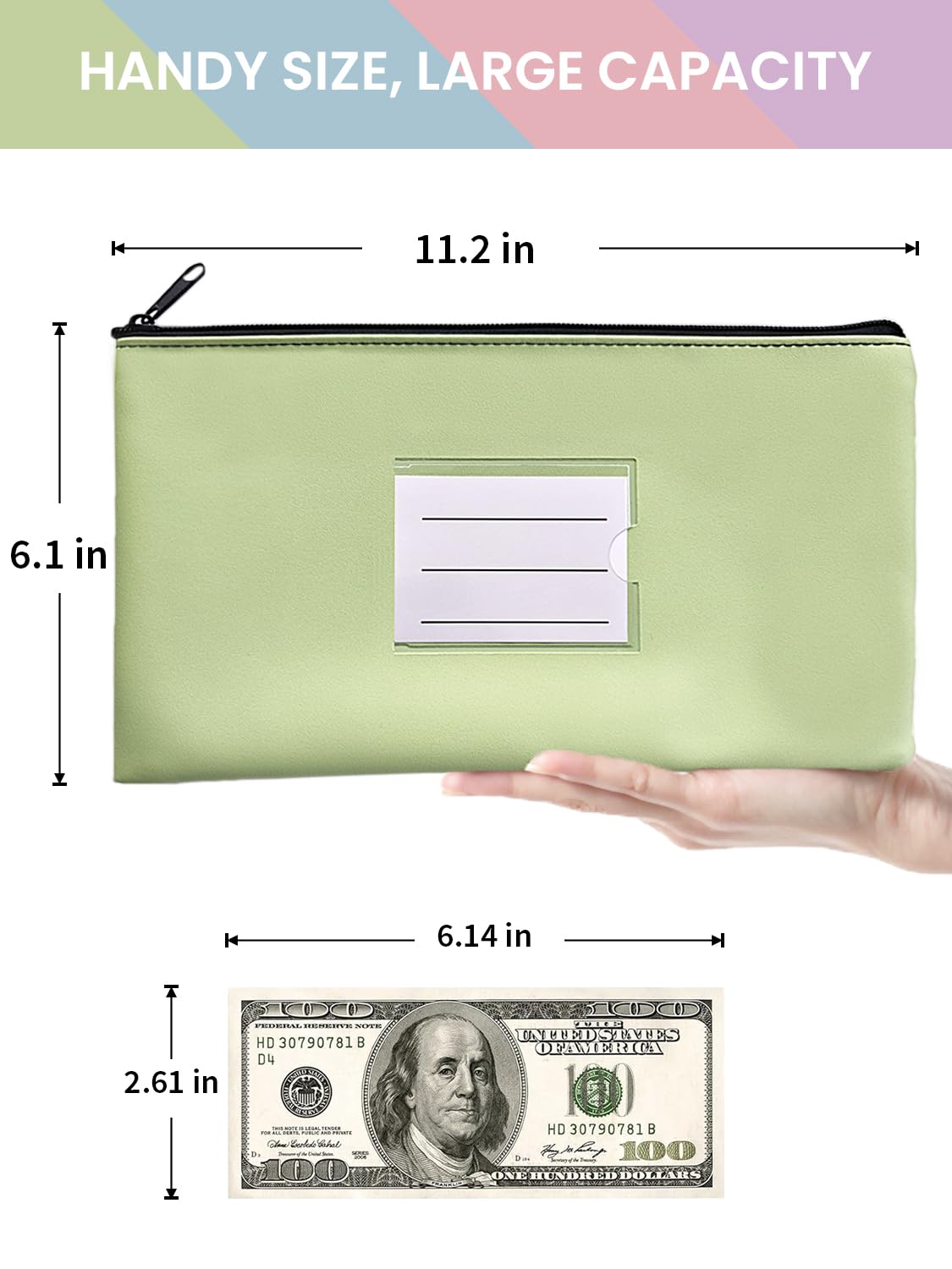 Lot de 4 sacs de dépôt bancaire avec fermeture éclair, pochettes en cuir synthétique avec étiquette, 28 x 15 cm, pour pièces de monnaie, cosmétiques, factures, outils, rose, violet, bleu et vert