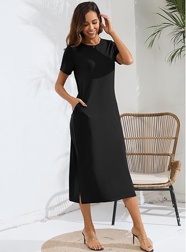 Miniatura 4 de Naggoo - Vestido largo para mujer, manga corta, estilo informal, con corte lateral, de teñido anudado, con bolsillos