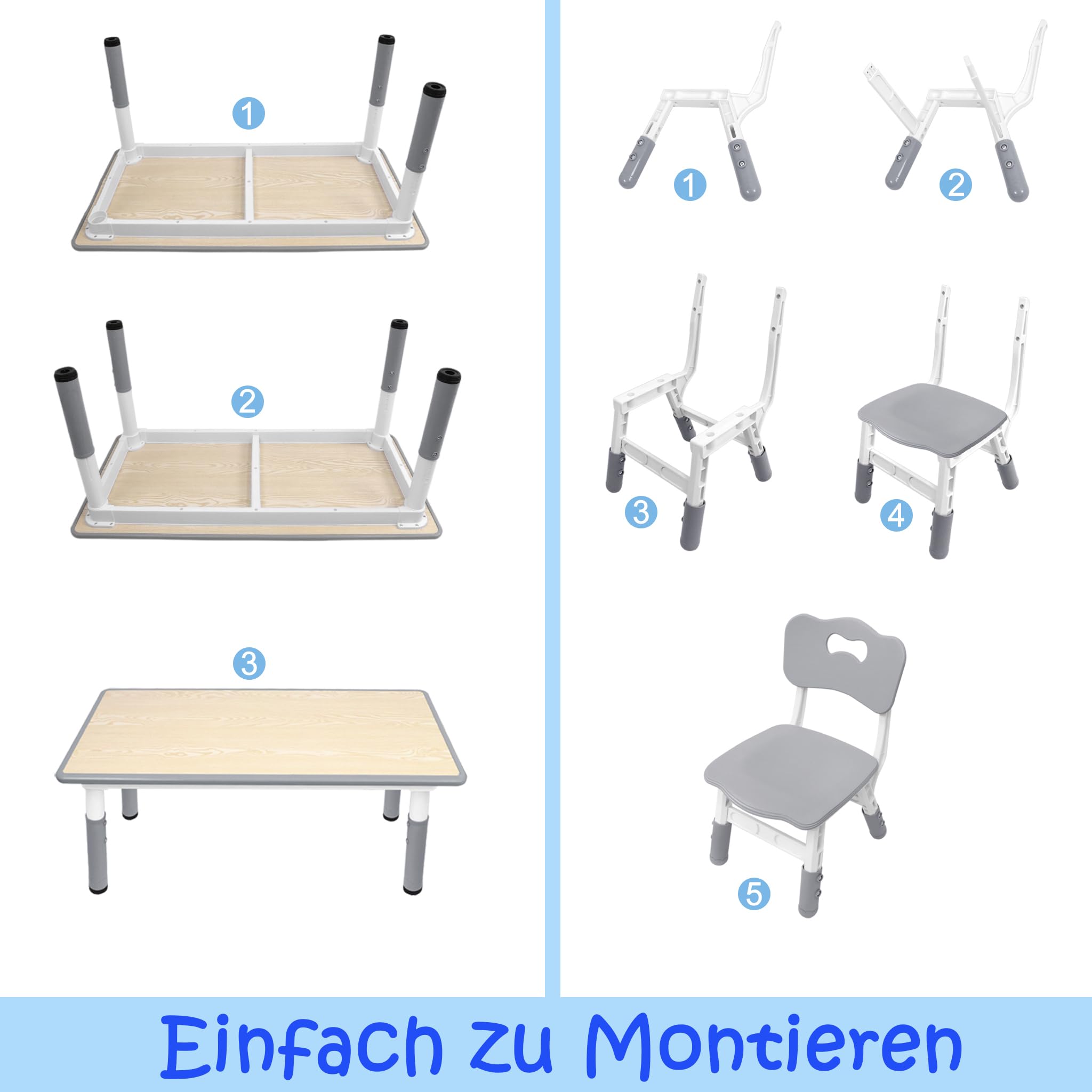 FIVMEN Tavolo per bambini con 2 sedie, set da tavolo per bambini, regolabile in altezza, 3 pezzi, in plastica, per cameretta dei bambini, da 2 anni, 80 x 60 cm
