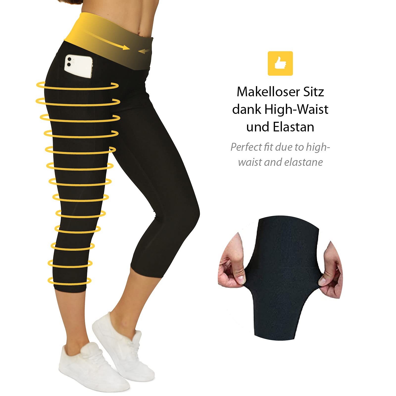 Variosports Sport Capri 3 4 Donna con 2 Scomparti Laterali per Telefono Cellulare, Chiavi, Carta di Credito e Co. Fitness Sport Collant Sportivo Brazil Modello Yoga Noir