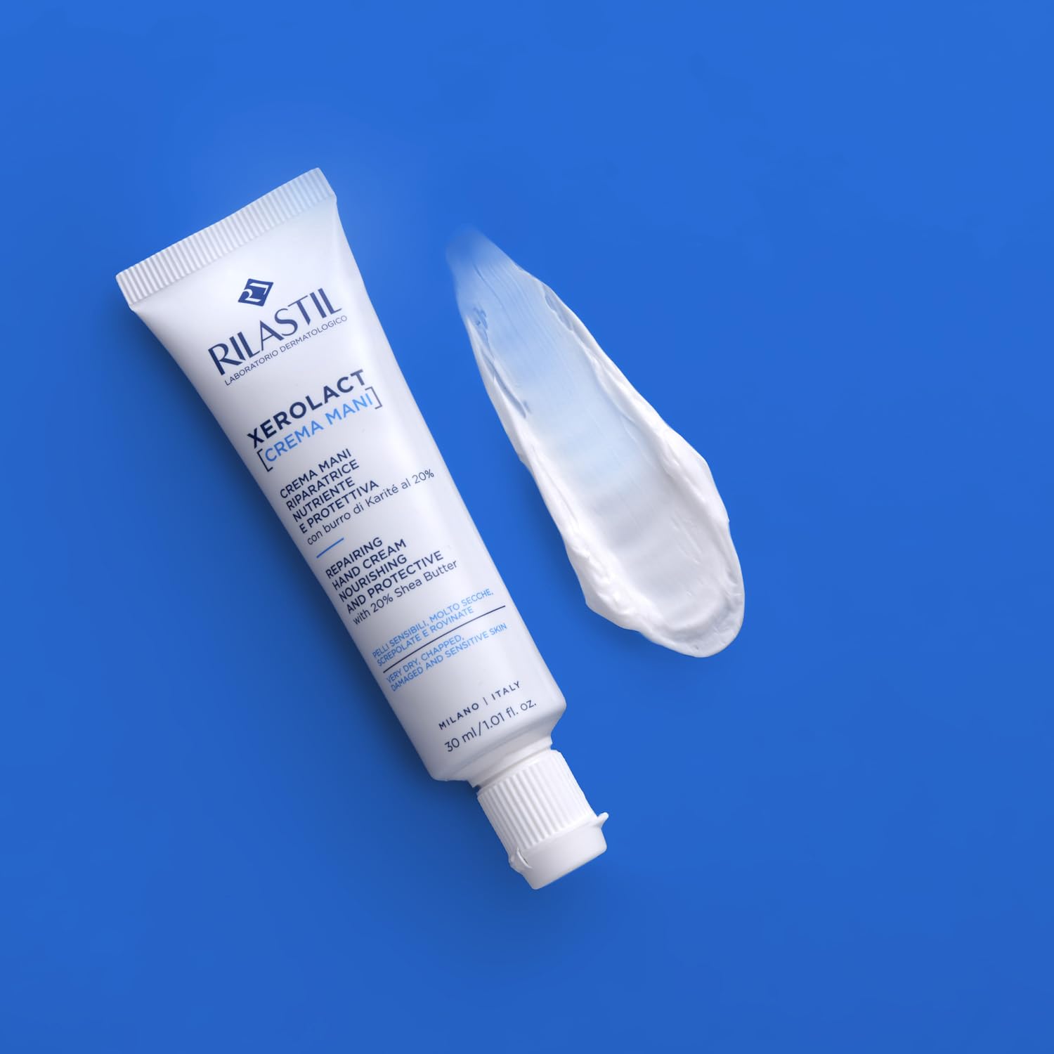 Rilastil Xerolact Crema Mani Riparatrice, Trattamento Restitutivo, Nutriente e Protettiva con Burro di Karité per Pelli Sensibili, Molto Secche, Confezione da 30ml