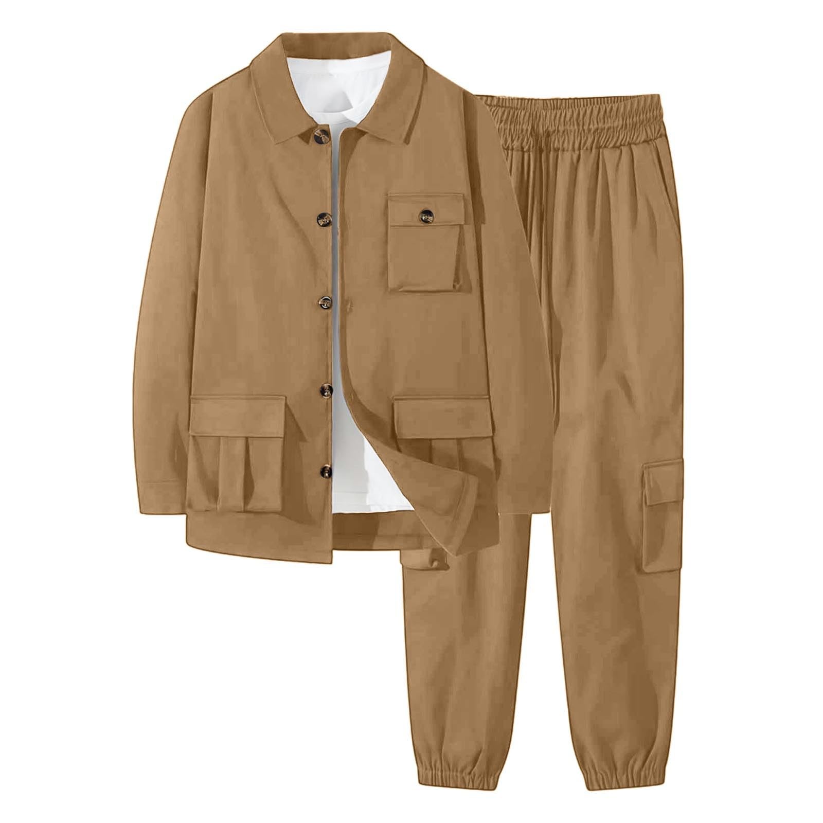 Generisch Conjunto de chándal para hombre, chaqueta con botones, pantalones cargo, informales, chándales con bolsillos, chaqueta de negocios, 2 piezas, primavera y otoño, traje deportivo retro
