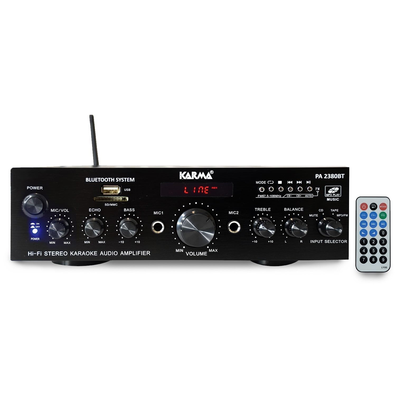 Amplificateur HiFi stéréo 2X 50W avec écran LCD - USB MP3 SD Bluetooth Radio FM - 2 entrées MICROS - Karma PA 2380BT