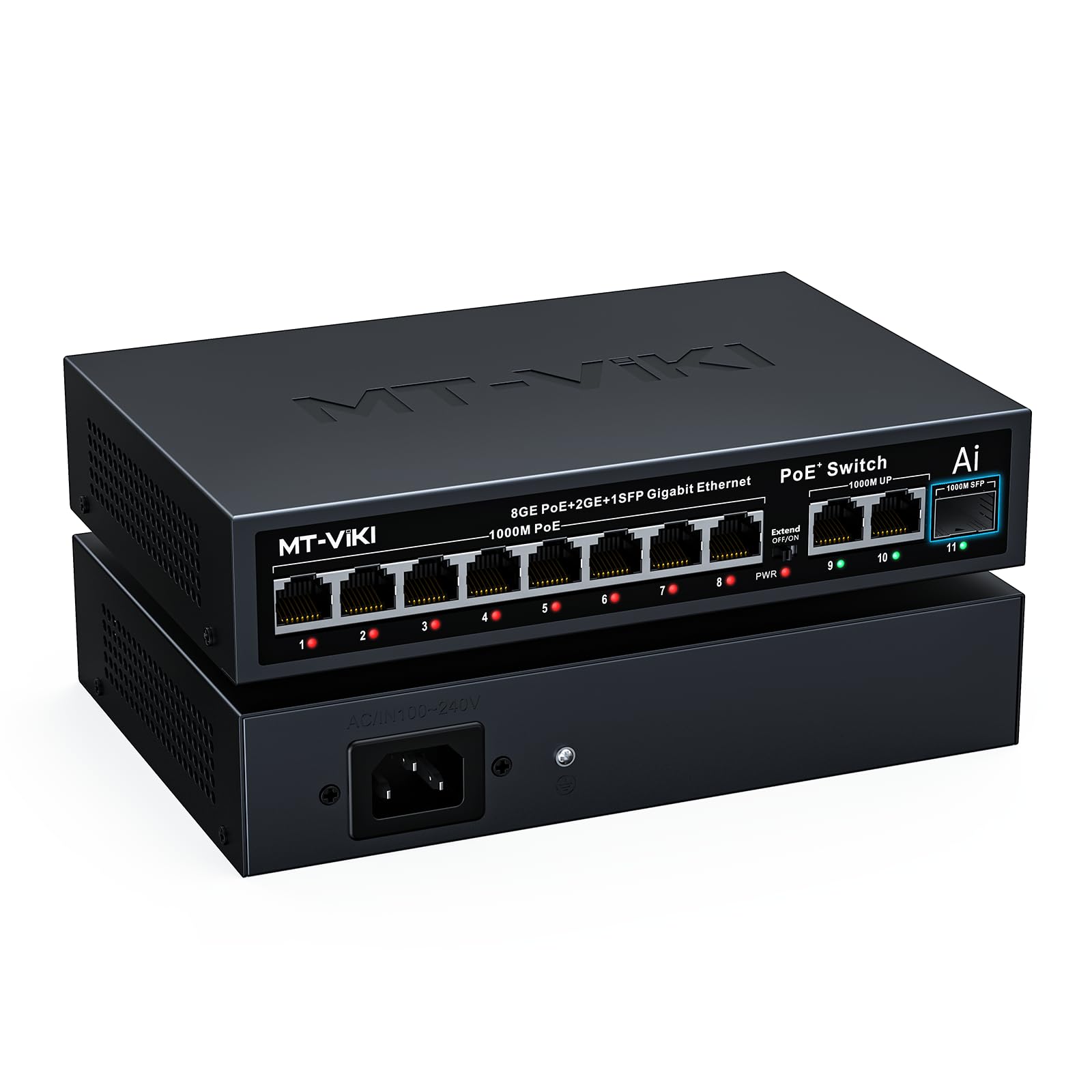 MT-VIKI 120W PoE Switch 8 Port & 2 Uplink-Ports & 1 SFP-Port, AI Watchdog, SFP VLAN, Stabiler Unmanaged LAN Switch Netzwerk Switch für Überwachung & WLAN AP