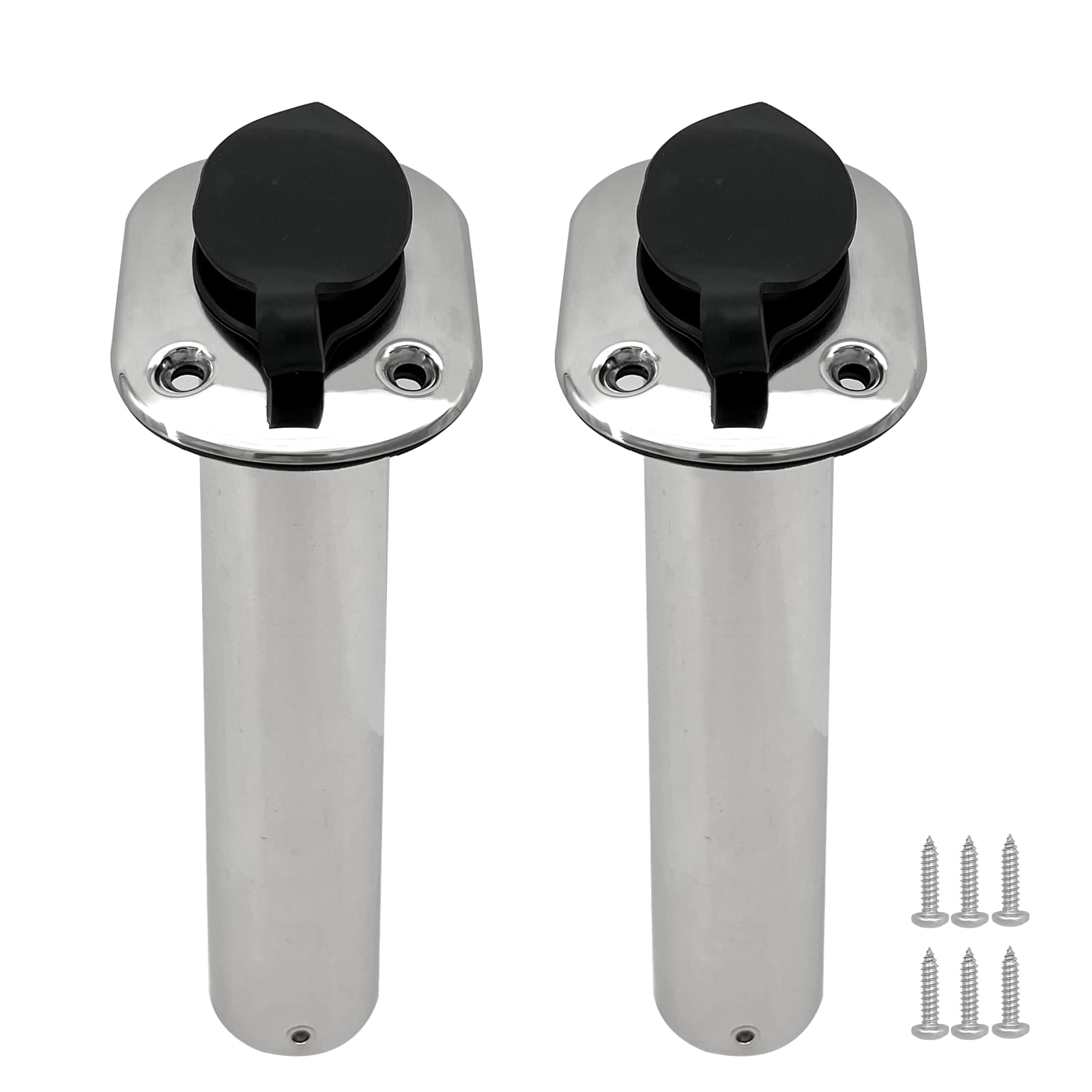 ISURE MARINE 2PCS Boat Stainless Steel Polished Fishing Rod Holder Flush Mount 15/30/90 Degree Casting Flange with Rubber Cap, Liner, Gasket PVC Cap and Inner Tube for Marine Yacht Kayak