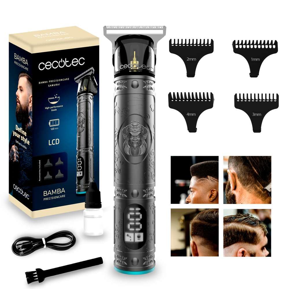 Cecotec Cortapelos y Perfiladora Profesional Bamba PrecisionCare Samurai, Cuchilla Afilada de Alto Rendimiento, 4 Peines guia 1-4 mm, Cabello y Barba, Autonomía 120 min, Pantalla, Gris