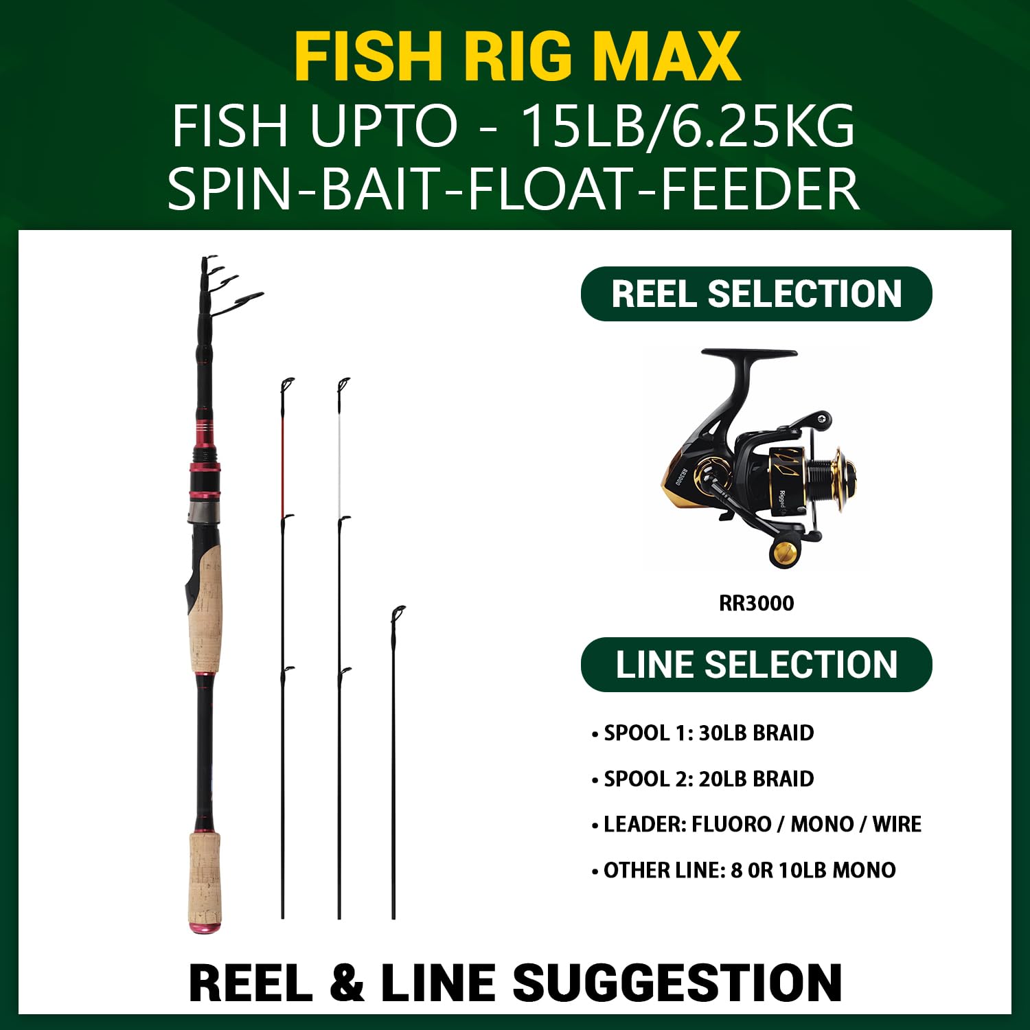 Rigged and Ready Fish Rig Max - Canna da pesca telescopica Spin & Bait-Cast da viaggio con micro grilletto unico, canna in carbonio + 3 punte. 240 e 210 cm, 0-15, 10-30, 20-50 g
