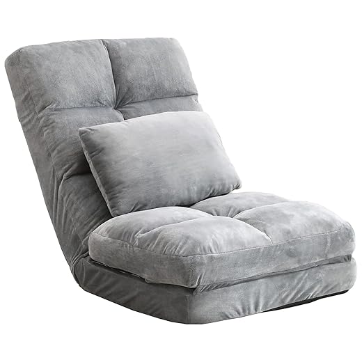 Urnodel Indoor Chaise Lounge Sofa, Floor Chair with Back Support for Adults, 14 Angle Adjustment Recliner Chair, Folding Floor Lounger with Pillow 8823(Grey)